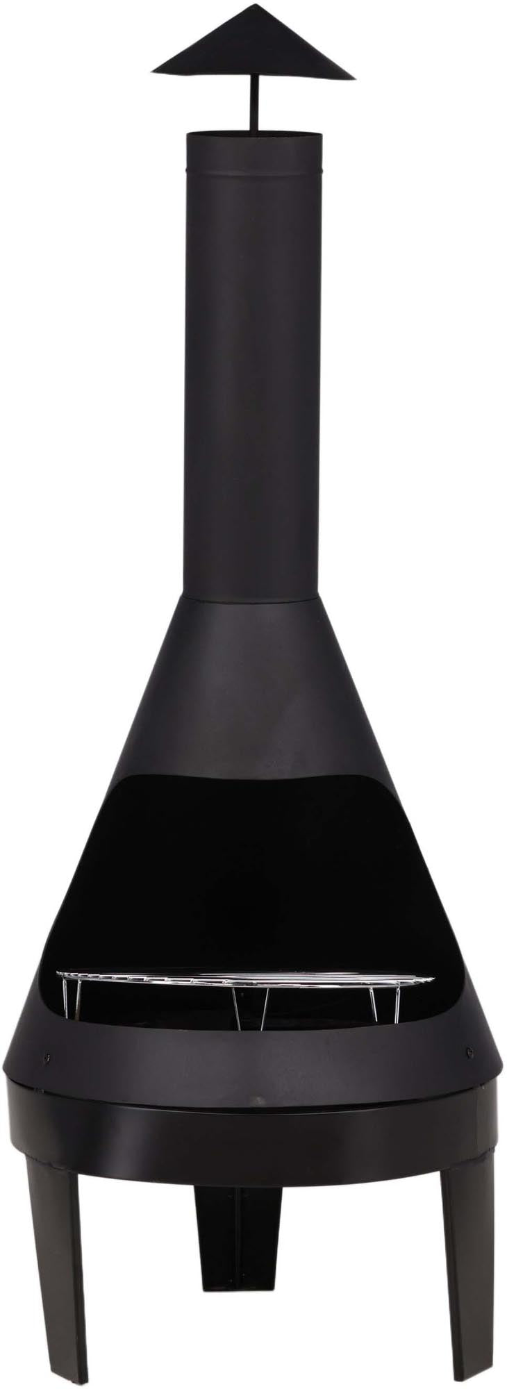 Stilvolle Marongo Feuerpit aus schwarzem Stahl: modernes Design, Grillrost, langlebig, ideal für Terrasse und Garten.