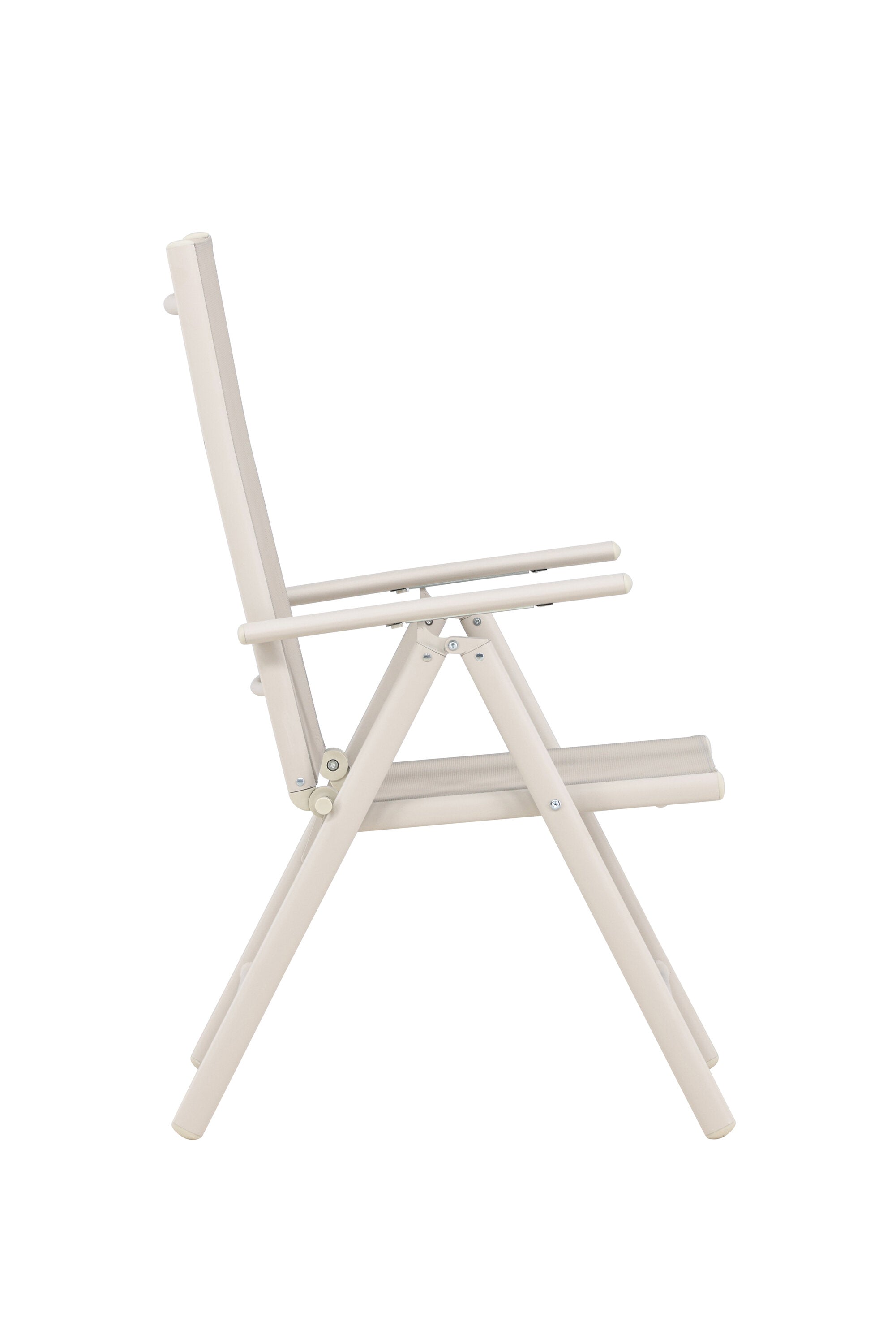 Stilvoller, klappbarer Gartenstuhl aus Aluminium und Textilene. Wetterfest, UV-beständig, verstellbar – ideal für Terrasse und Garten.