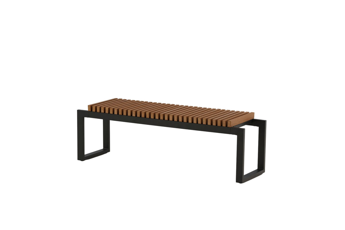 Gartenbank Athena von Venture Home mit schwarzem Aluminiumgestell und gerippter Sitzfläche aus braunem Aintwood, Outdoor-Design.