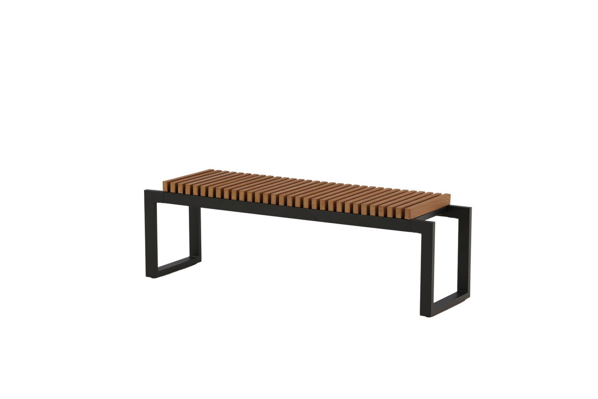 Gartenbank Athena von Venture Home mit schwarzem Aluminiumgestell und gerippter Sitzfläche aus braunem Aintwood, Outdoor-Design.