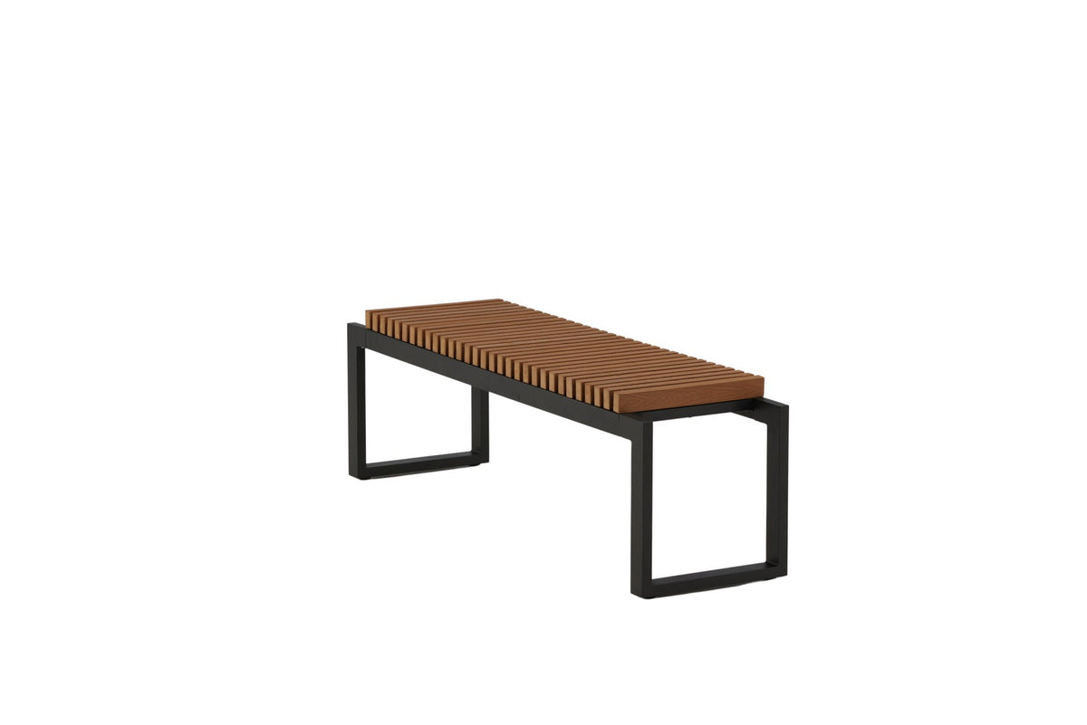 Gartenbank Athena von Venture Home mit schwarzem Aluminiumgestell und gerippter Sitzfläche aus braunem Aintwood, Outdoor-Design.