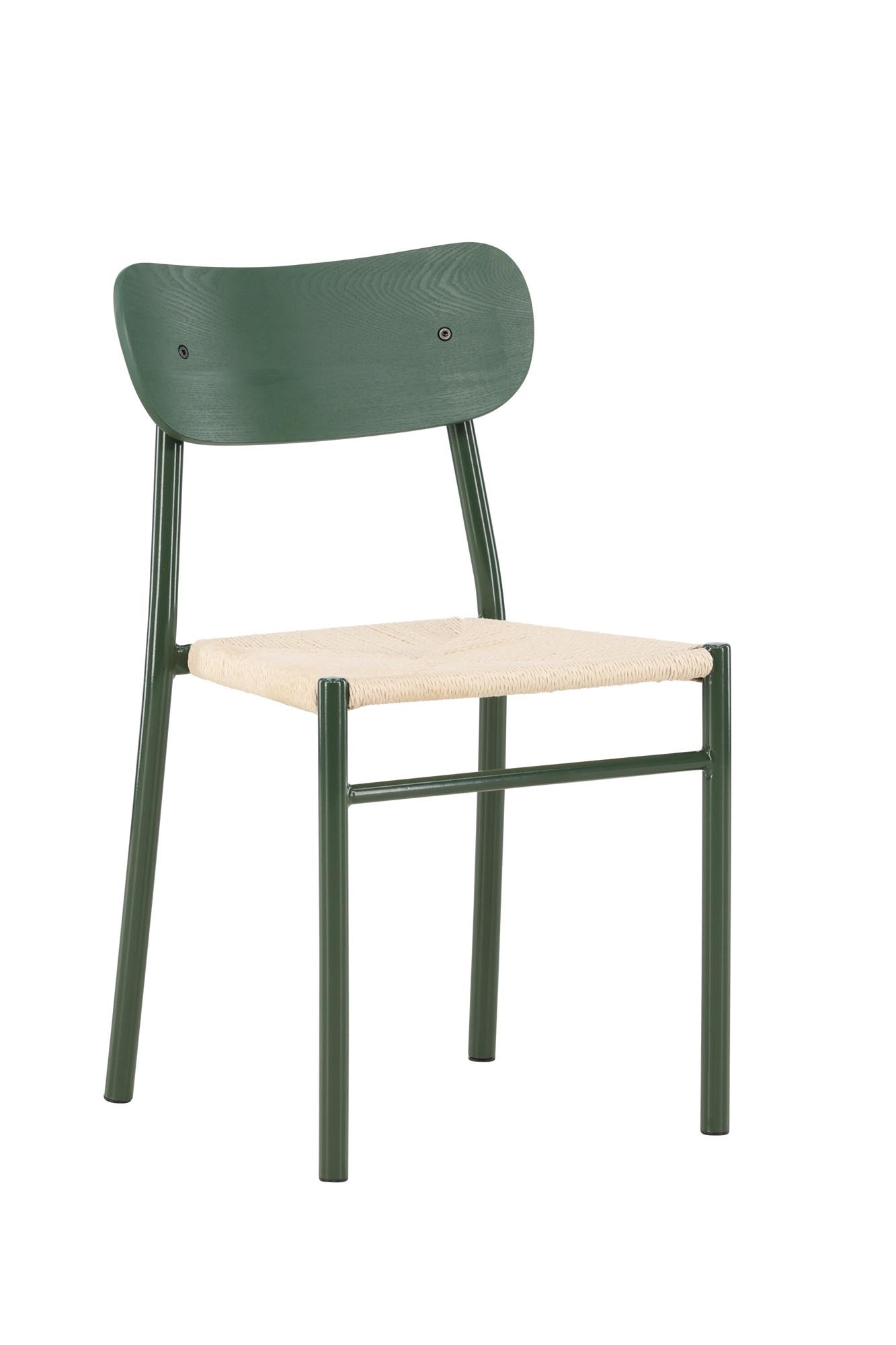 Erleben Sie den Polly Esszimmerstuhl von Venture Home – ein modernes 2er-Set mit stabilen grünen Beinen und atmungsaktivem Seilsitz für stilvolles Essen.