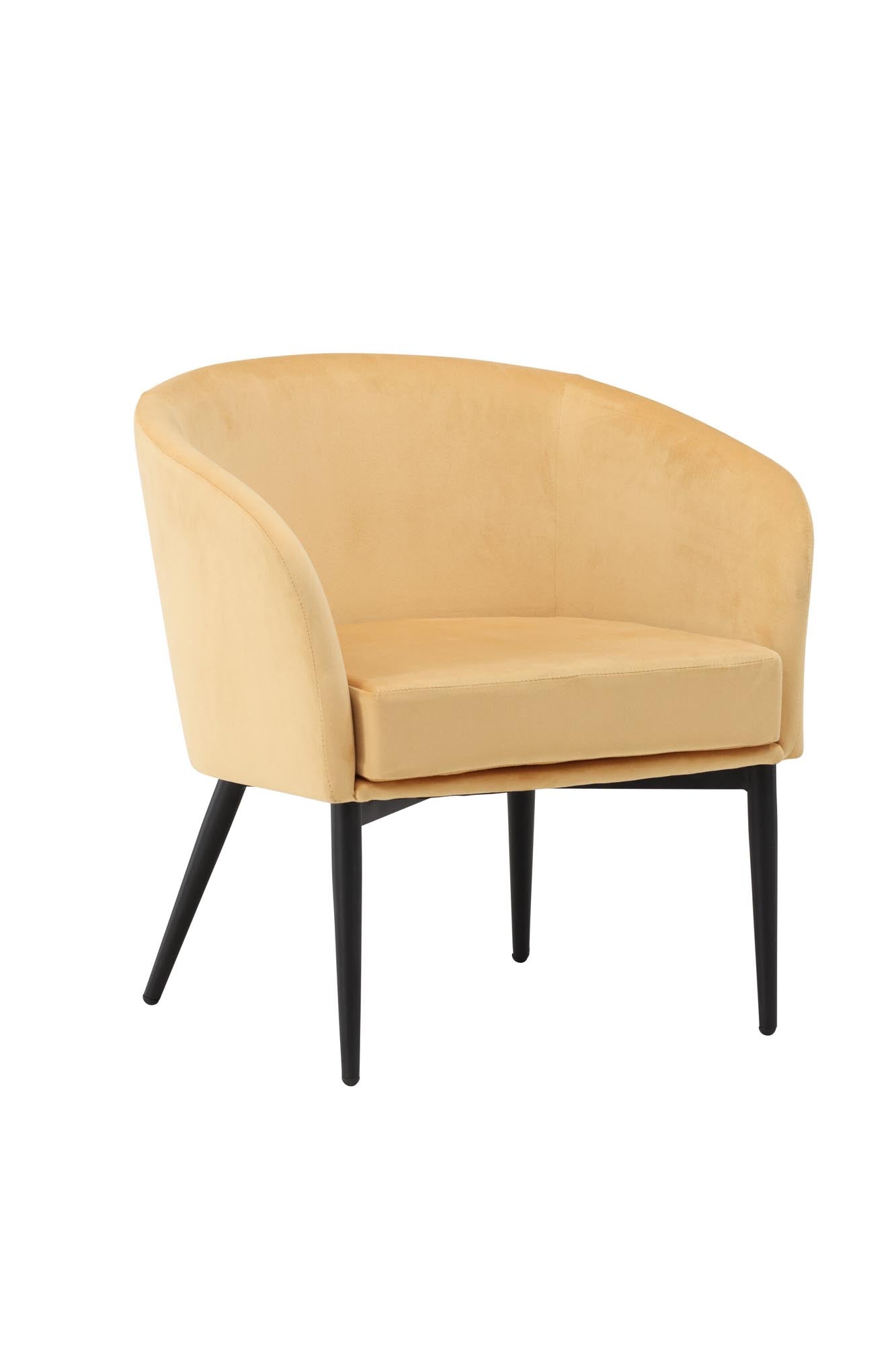 Erleben Sie den Fluffy Arm Chair von Venture Home – ein luxuriöser, ergonomischer Sessel mit lebendiger gelber Polsterung und stilvollen schwarzen Beinen.