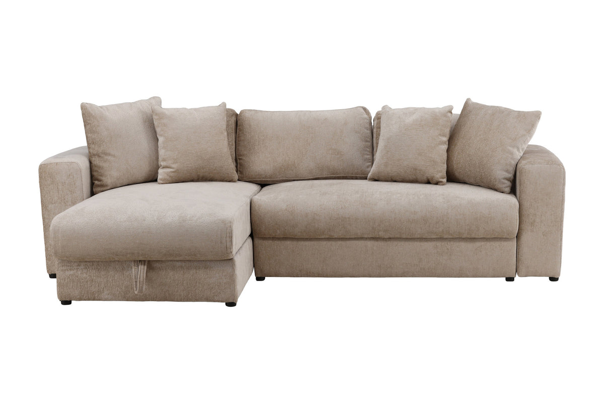 Bettsofa Bellman in Beige mit Polyesterbezug, Holzgestell und klappbarer Liegefläche, ausgeklappt als Bett dargestellt.
