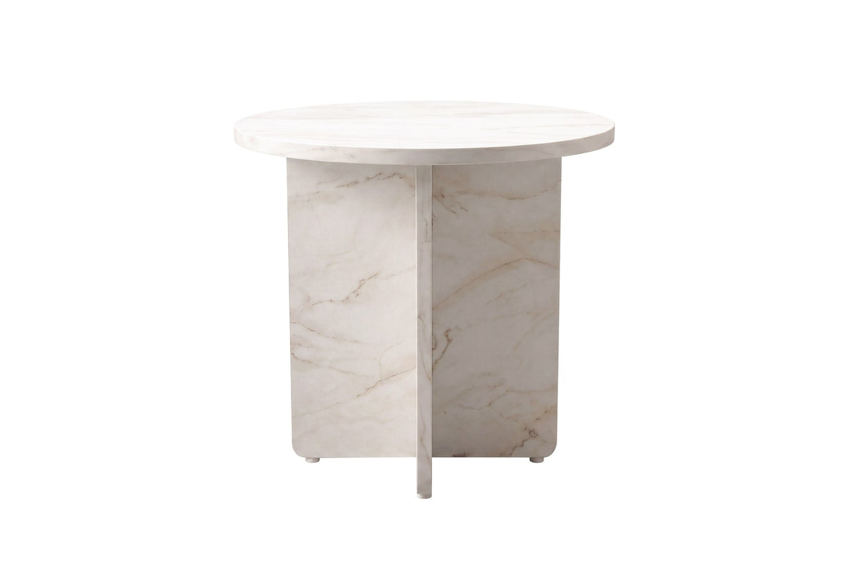Runder Beistelltisch Ålesund in Beige mit marmoriert wirkender MDF-Tischplatte und schlanken MDF-Beinen, Durchmesser 50 cm, skandinavisches Design.
