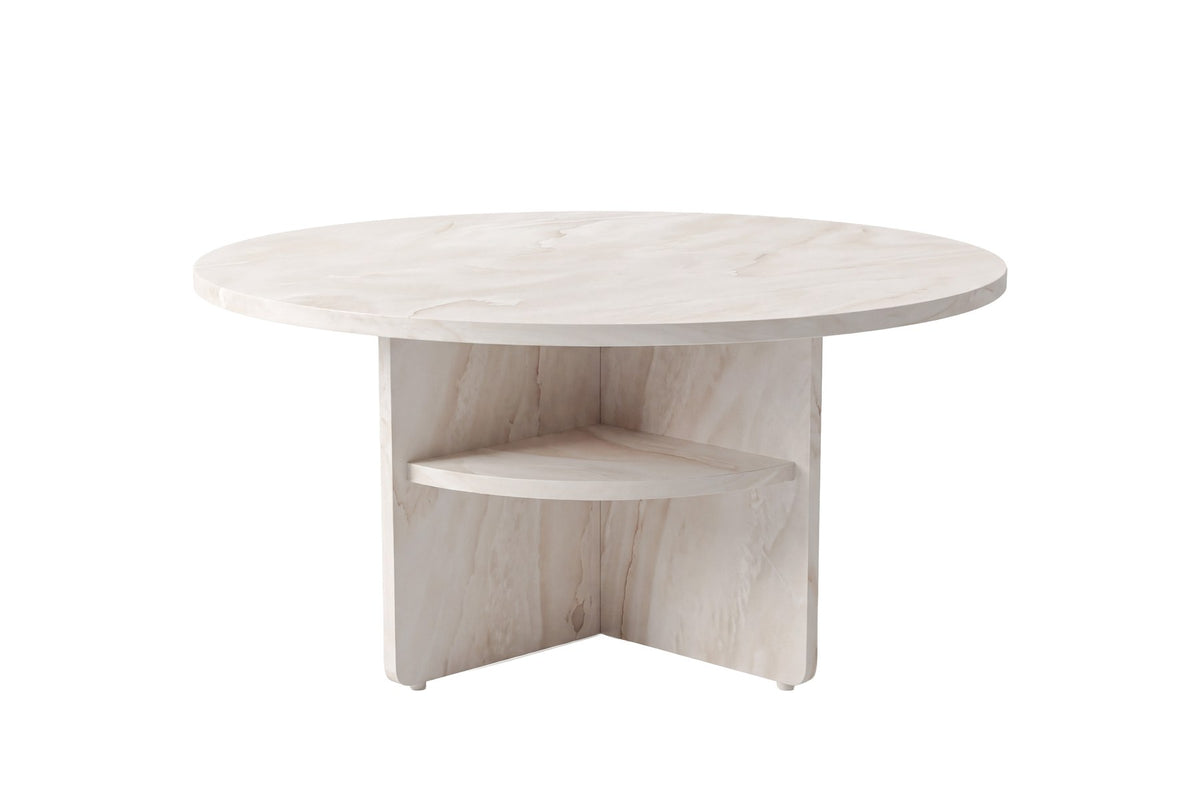 Runder Beistelltisch mit Tischplatte und Beinen aus MDF in Marmor-Optik, Farbe Beige, Durchmesser 85 cm.