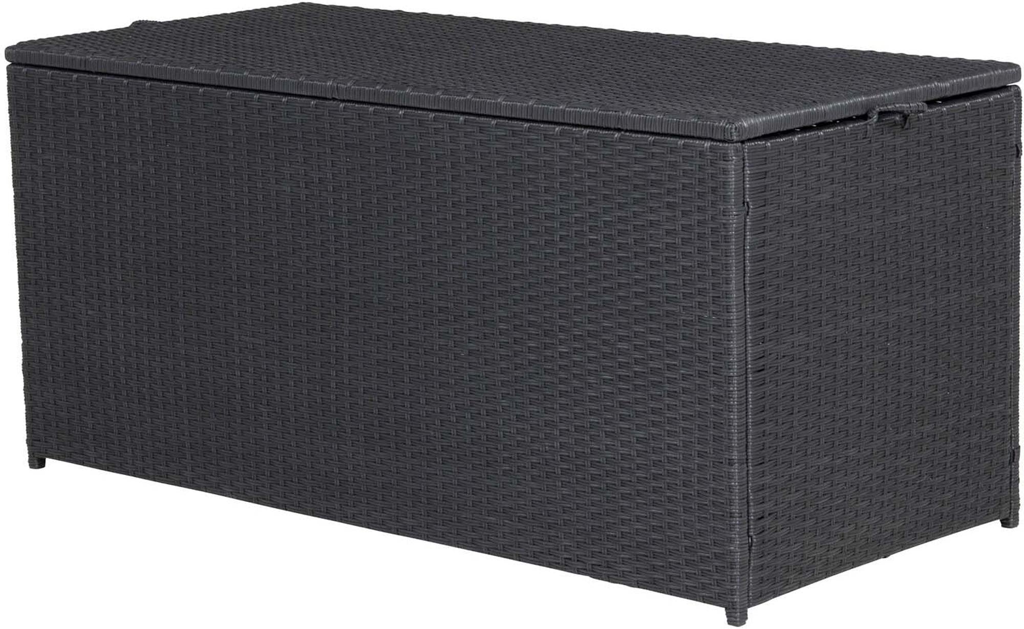 Elegante, wetterfeste Kissenbox aus schwarzem Korbgeflecht für stilvolle Aufbewahrung im Innen- und Aussenbereich.