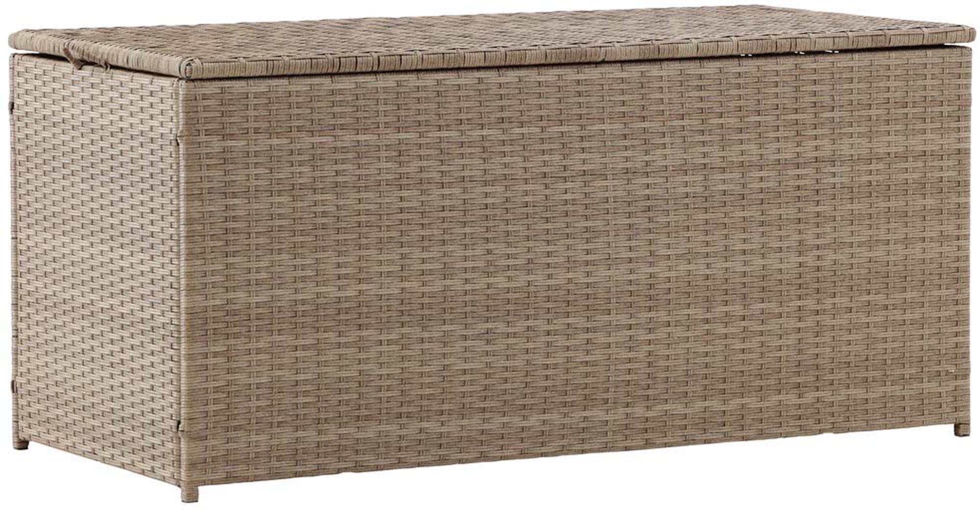 Elegante Londoner Kissenbox von Venture Home: Wetterfestes Korbgeflecht für sicheren Stauraum Ihrer Gartenkissen und Utensilien.