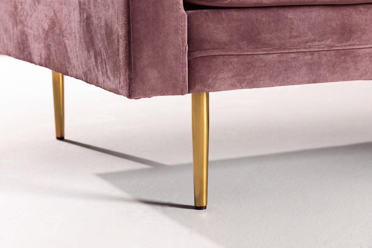 Rosa 3-Sitzer-Sofa aus Polyester-Samt mit hohen Armlehnen und goldenen Metallbeinen, nordisches Design, Modell Boom von Venture Home.