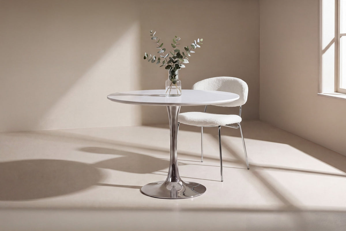 Runder Esstisch mit weisser MDF-Tischplatte und verchromten Stahlbeinen, Durchmesser 110 cm, Modell Hamden von Venture Home.