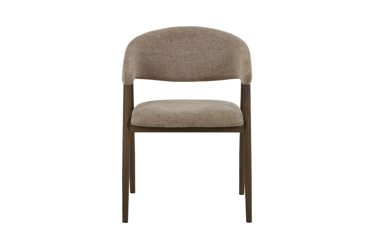 Zwei Esszimmerstühle Paulda in Mokka mit Polyester-Leinen-Bezug, abgerundeter Rückenlehne und Stahlbeinen in Räuchereiche-Holzoptik.