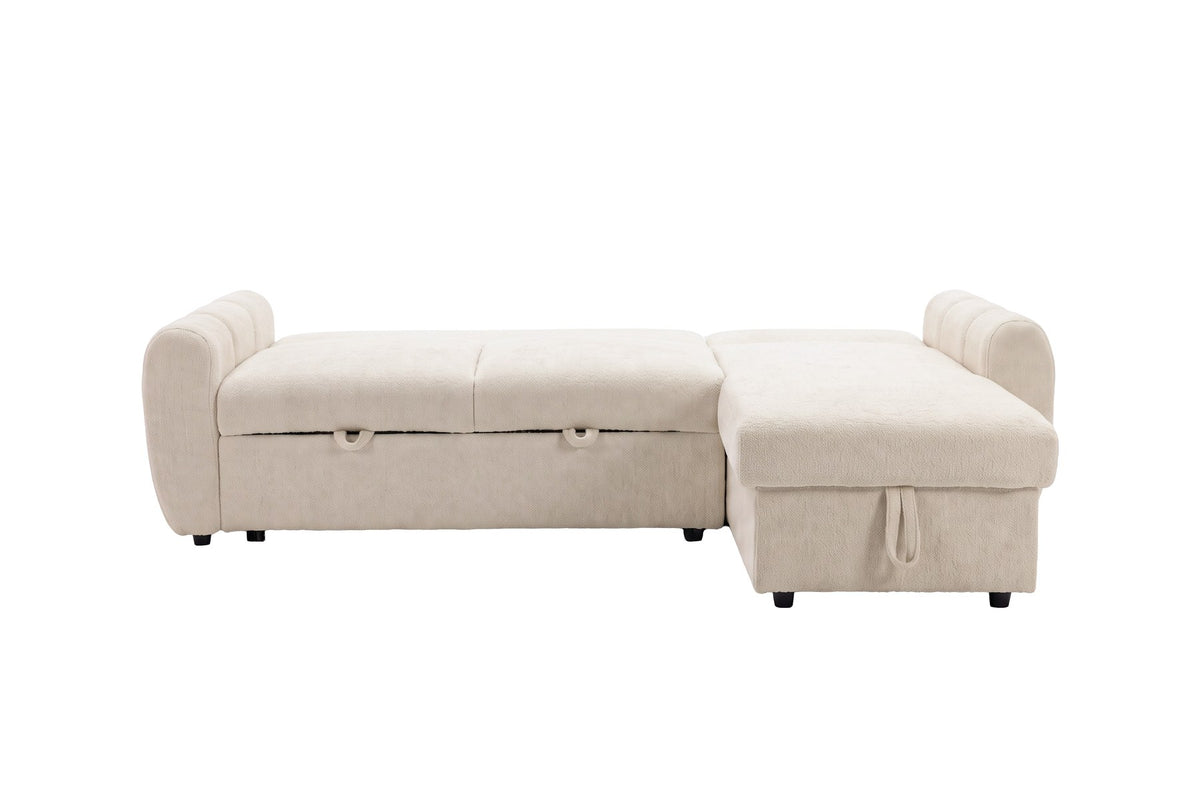 Beige Bettsofa Teo von Venture Home mit Polyesterbezug, Eukalyptusanteil und schwarzen Beinen, im aufgeklappten Zustand als Bett gezeigt.