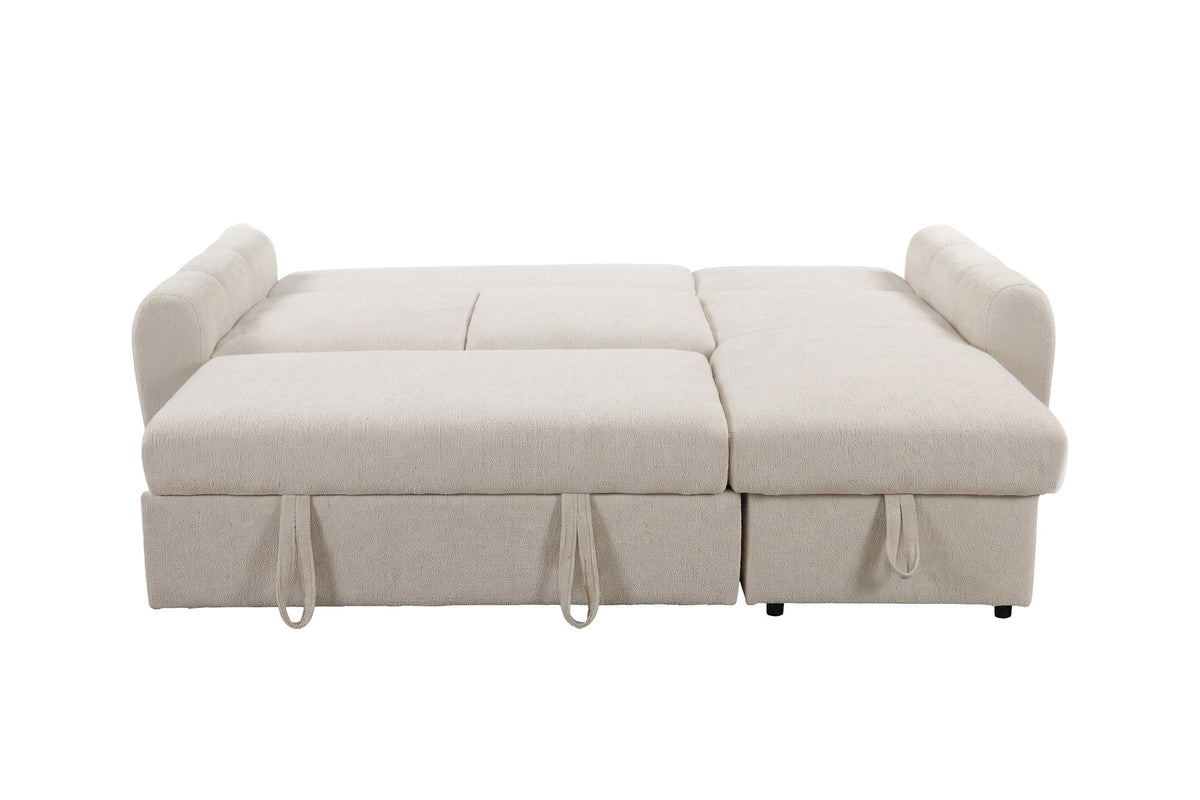Beige Bettsofa Teo von Venture Home mit Polyesterbezug, Eukalyptusanteil und schwarzen Beinen, im aufgeklappten Zustand als Bett gezeigt.