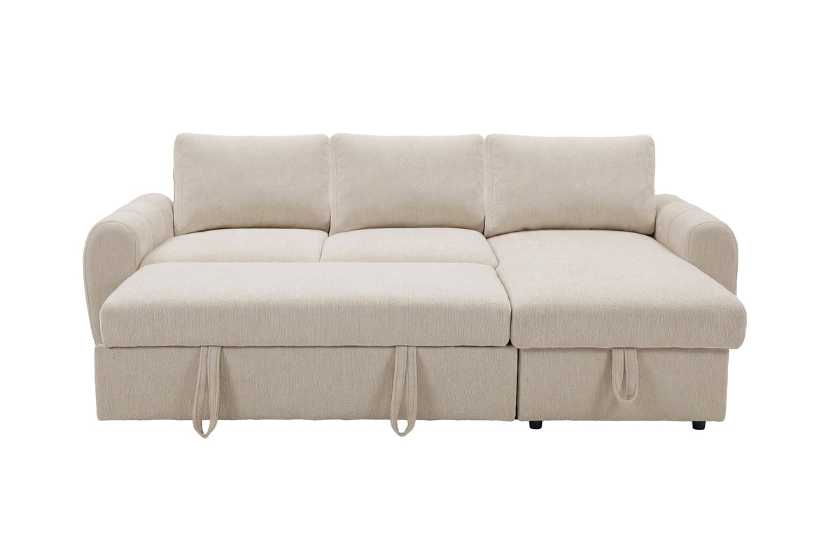 Beige Bettsofa Teo von Venture Home mit Polyesterbezug, Eukalyptusanteil und schwarzen Beinen, im aufgeklappten Zustand als Bett gezeigt.