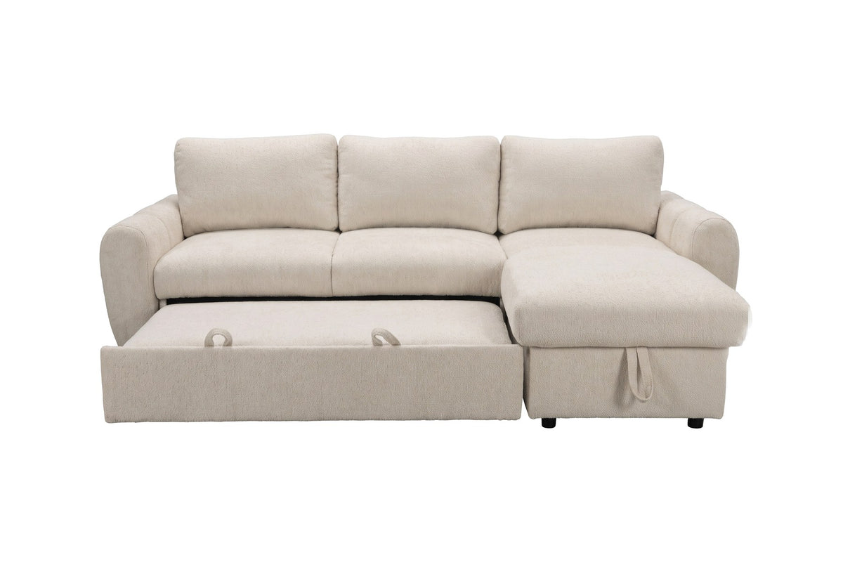Beige Bettsofa Teo von Venture Home mit Polyesterbezug, Eukalyptusanteil und schwarzen Beinen, im aufgeklappten Zustand als Bett gezeigt.
