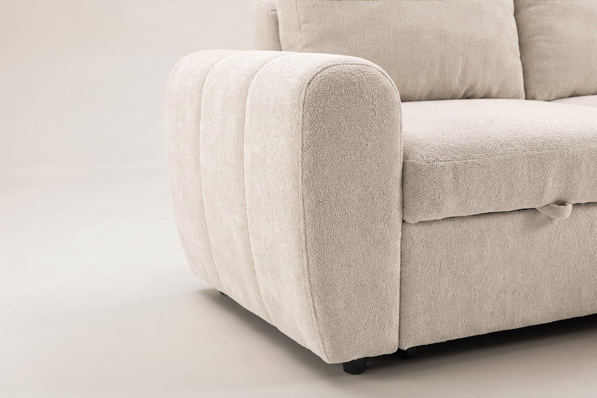 Beige Bettsofa Teo von Venture Home mit Polyesterbezug, Eukalyptusanteil und schwarzen Beinen, im aufgeklappten Zustand als Bett gezeigt.