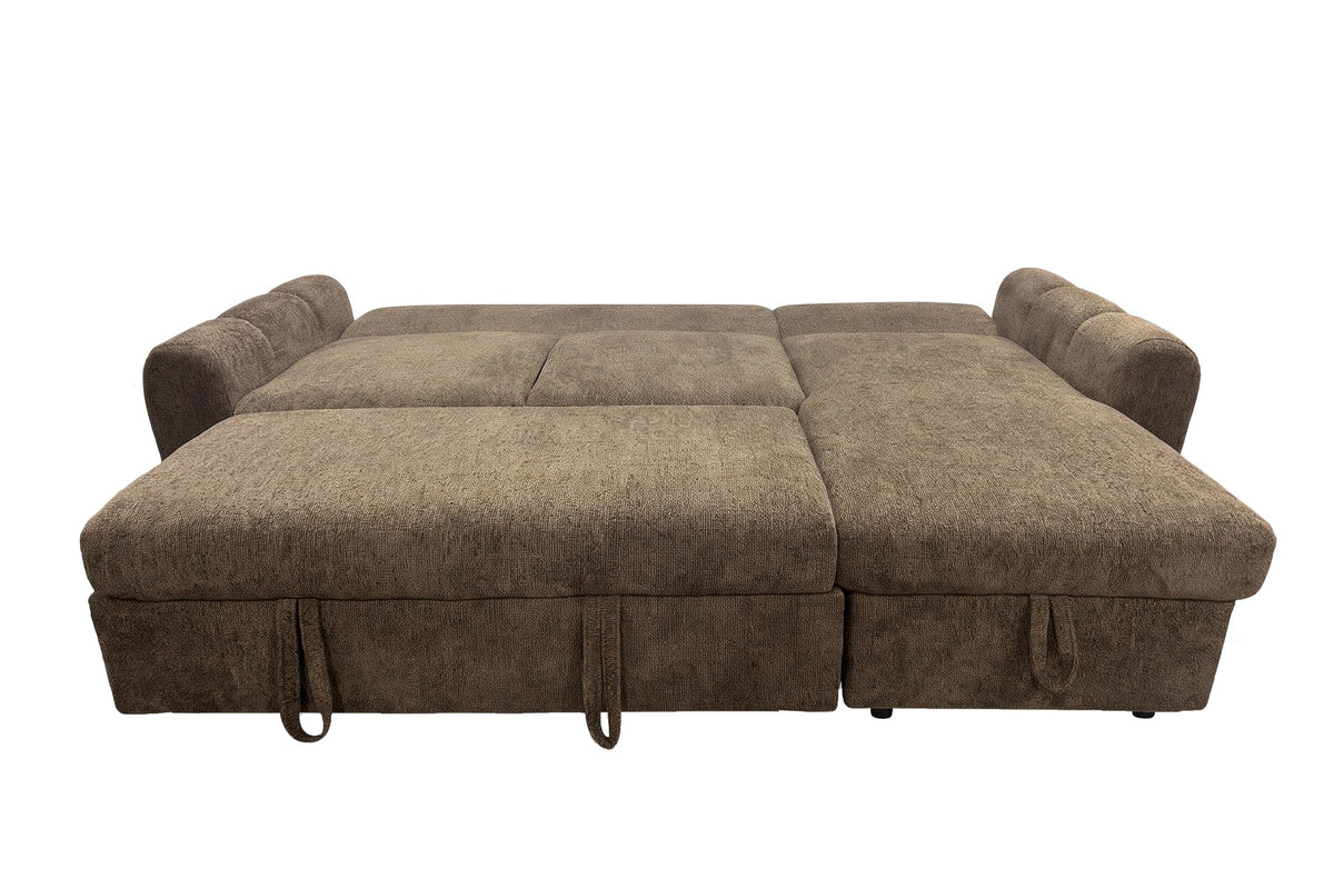 Braunes Bettsofa Teo von Venture Home mit Polyesterbezug, schwarzen Beinen und ausklappbarer Chaiselongue, freistehend im Wohnraum fotografiert.