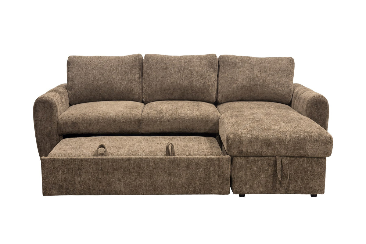 Braunes Bettsofa Teo von Venture Home mit Polyesterbezug, schwarzen Beinen und ausklappbarer Chaiselongue, freistehend im Wohnraum fotografiert.