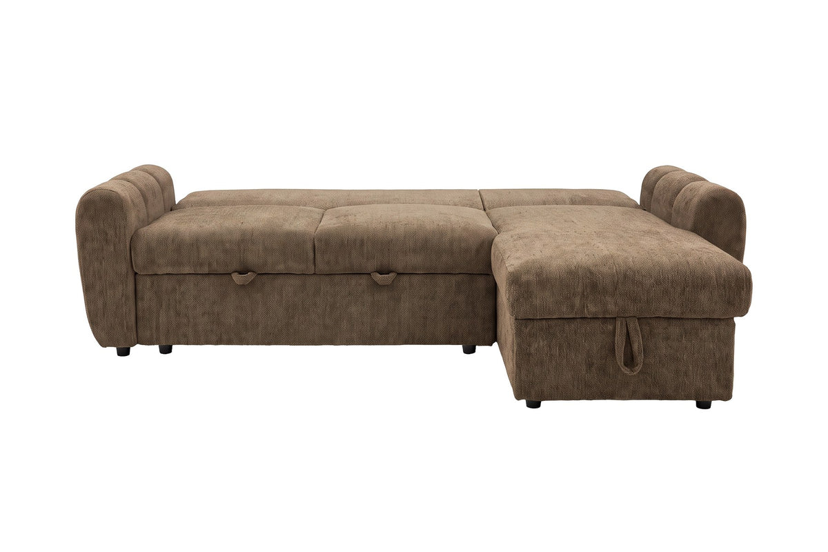 Braunes Bettsofa Teo von Venture Home mit Polyesterbezug, schwarzen Beinen und ausklappbarer Chaiselongue, freistehend im Wohnraum fotografiert.