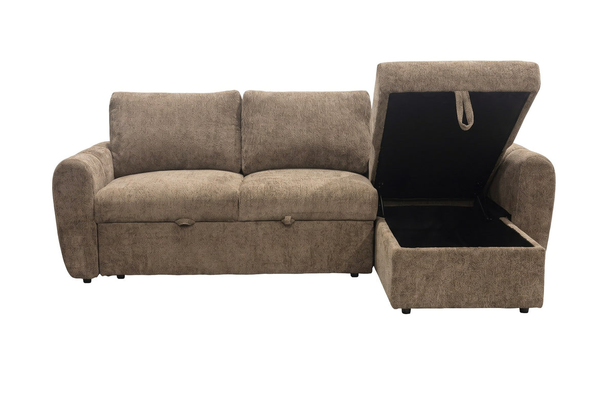 Braunes Bettsofa Teo von Venture Home mit Polyesterbezug, schwarzen Beinen und ausklappbarer Chaiselongue, freistehend im Wohnraum fotografiert.
