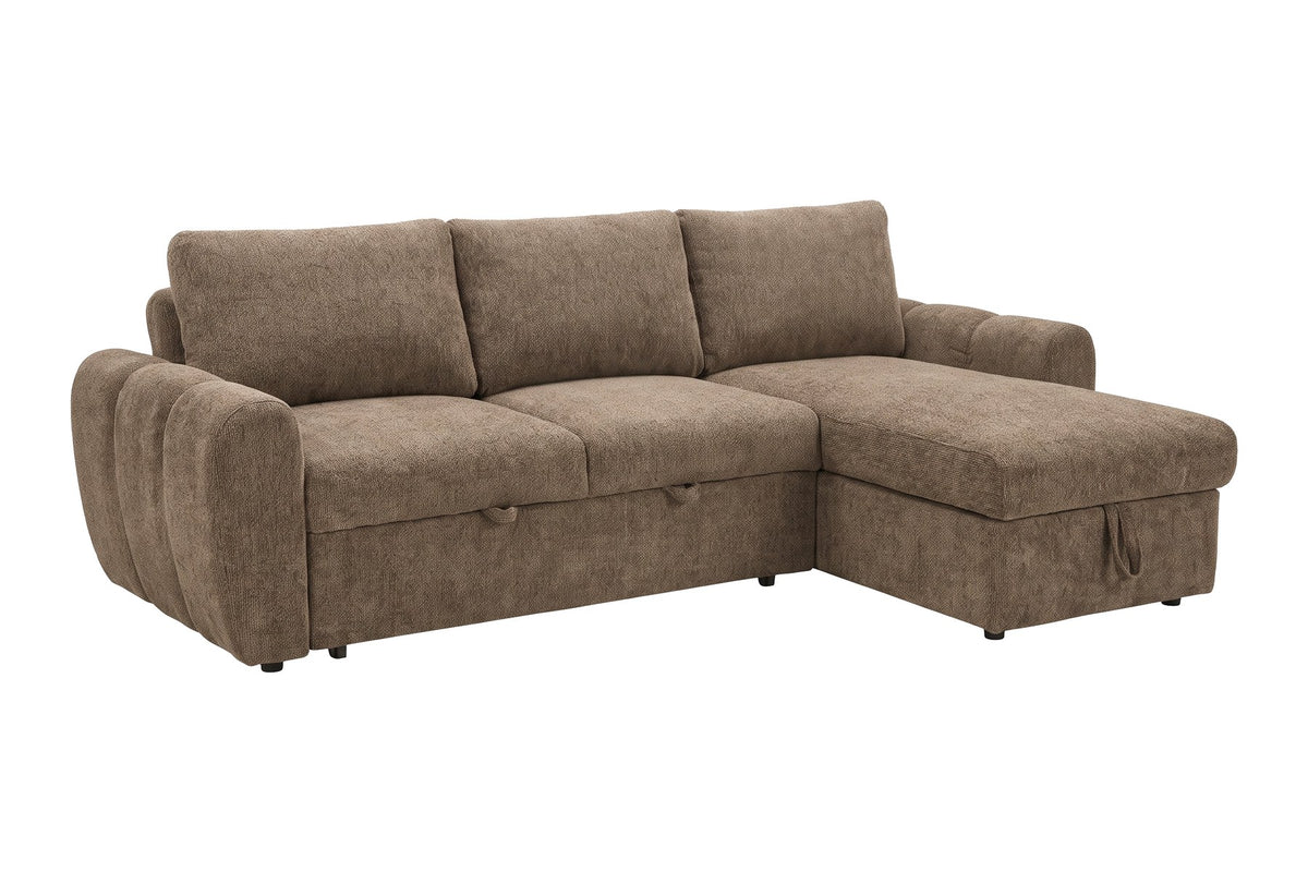 Braunes Bettsofa Teo von Venture Home mit Polyesterbezug, schwarzen Beinen und ausklappbarer Chaiselongue, freistehend im Wohnraum fotografiert.
