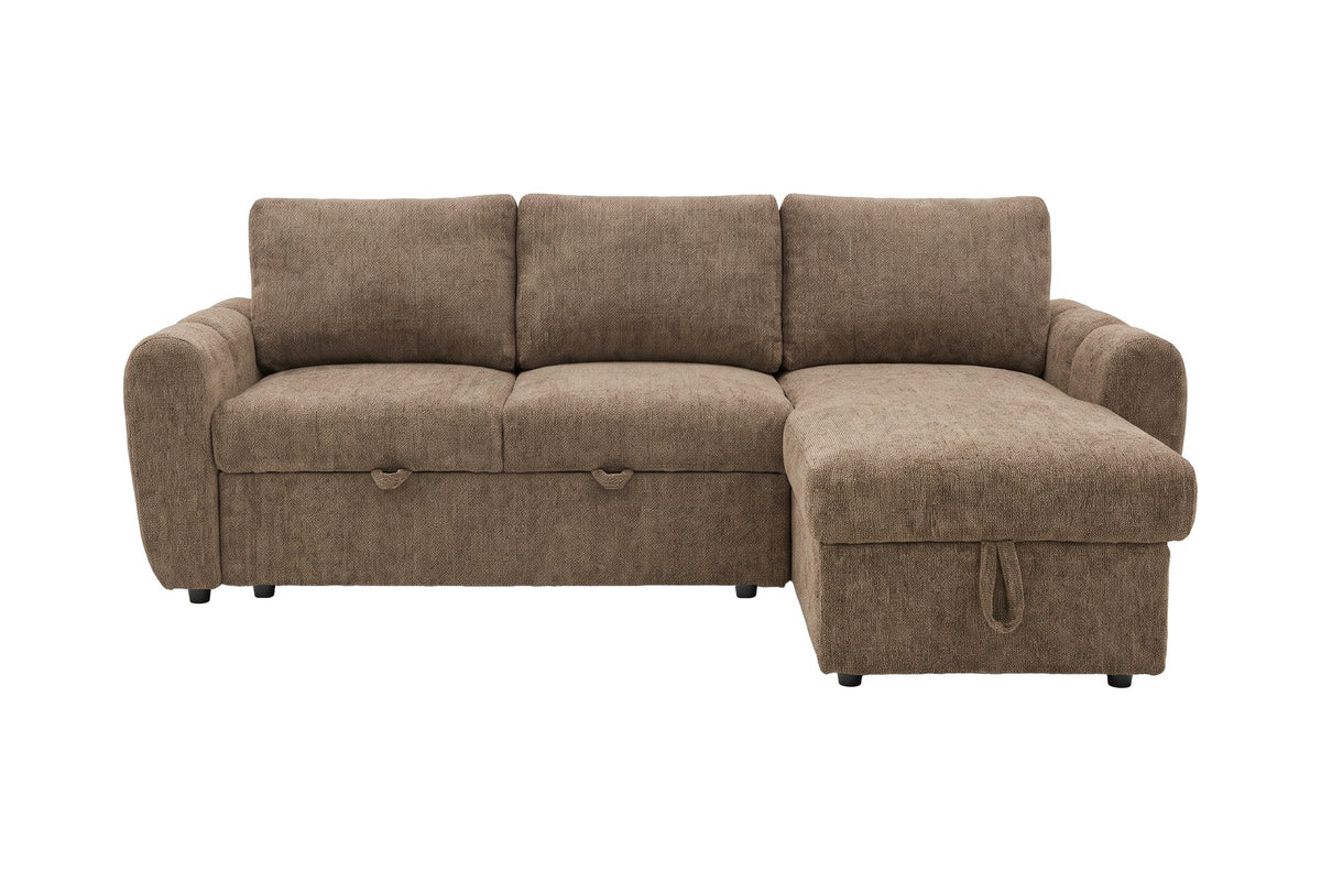 Braunes Bettsofa Teo von Venture Home mit Polyesterbezug, schwarzen Beinen und ausklappbarer Chaiselongue, freistehend im Wohnraum fotografiert.