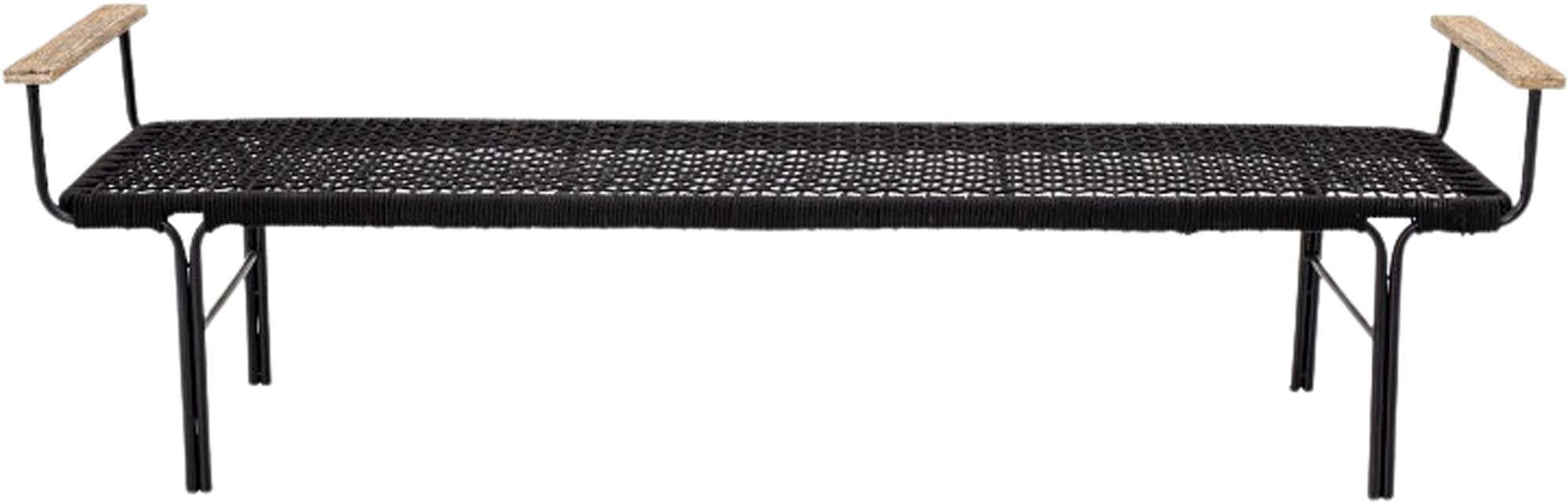 Die Mundo Bank von Bloomingville: Vielseitig, robust und stilvoll. Pulverbeschichtetes Metall, handgewebtes Polyesterseil, Akazienholzgriffe. Perfekt für drinnen und draussen.