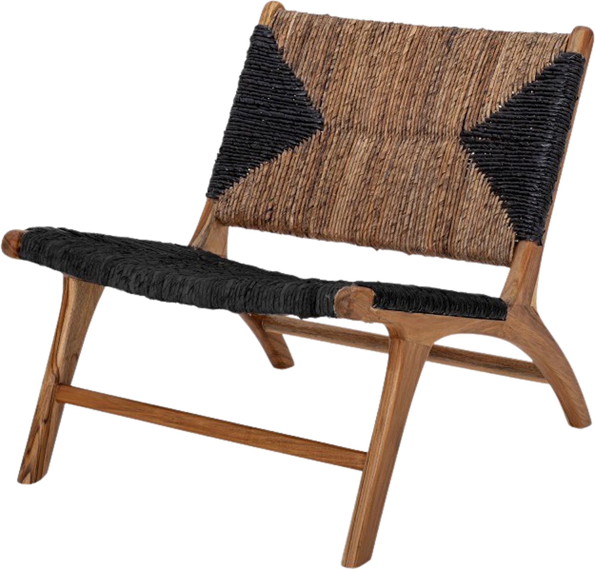 Stilvoller Grant Loungesessel aus Teakholz, schwarz, mit nachhaltigen Bananenblatt-Schnüren. Perfekt für drinnen und draussen.