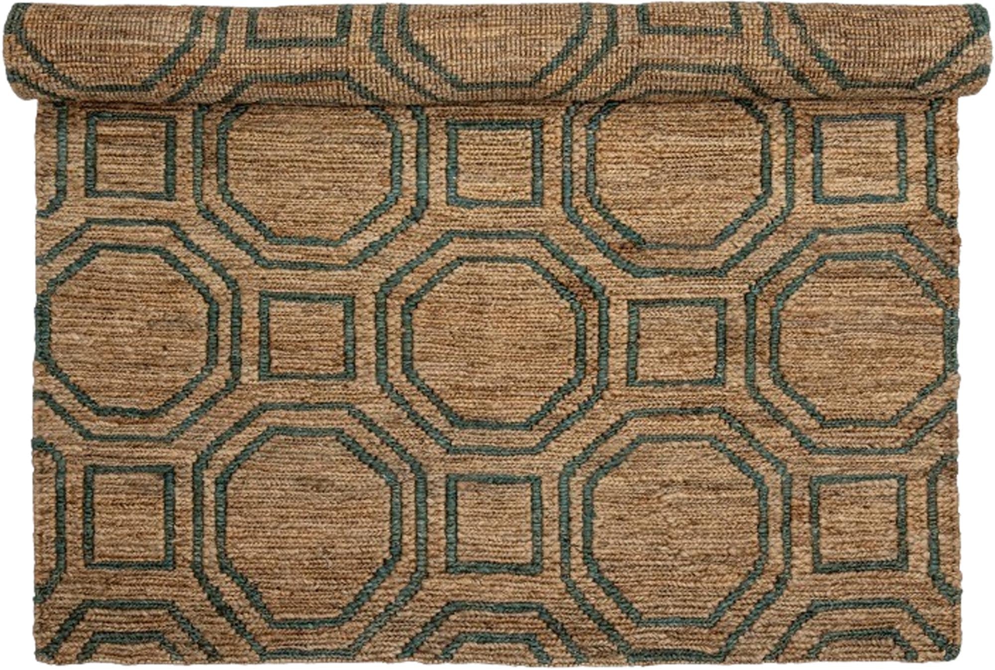 Grosser, schwerer Jute-Teppich mit grünen Linien. Nachhaltig, robust, pflegeleicht. Ideal für Wohn- und Esszimmer.