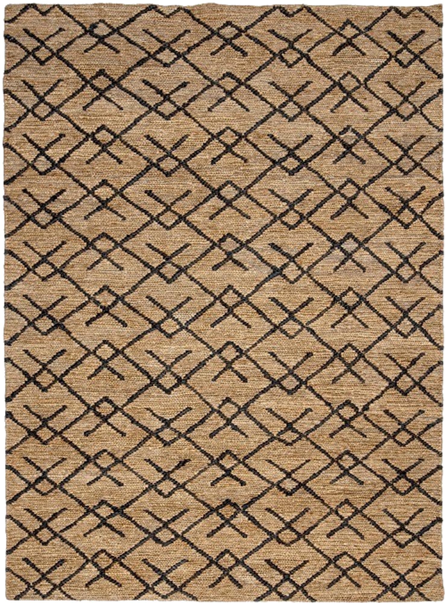 Gaya Teppich aus 100% Jute, mit schwarzem geometrischem Muster. Robust, umweltfreundlich, ideal für drinnen & draussen.