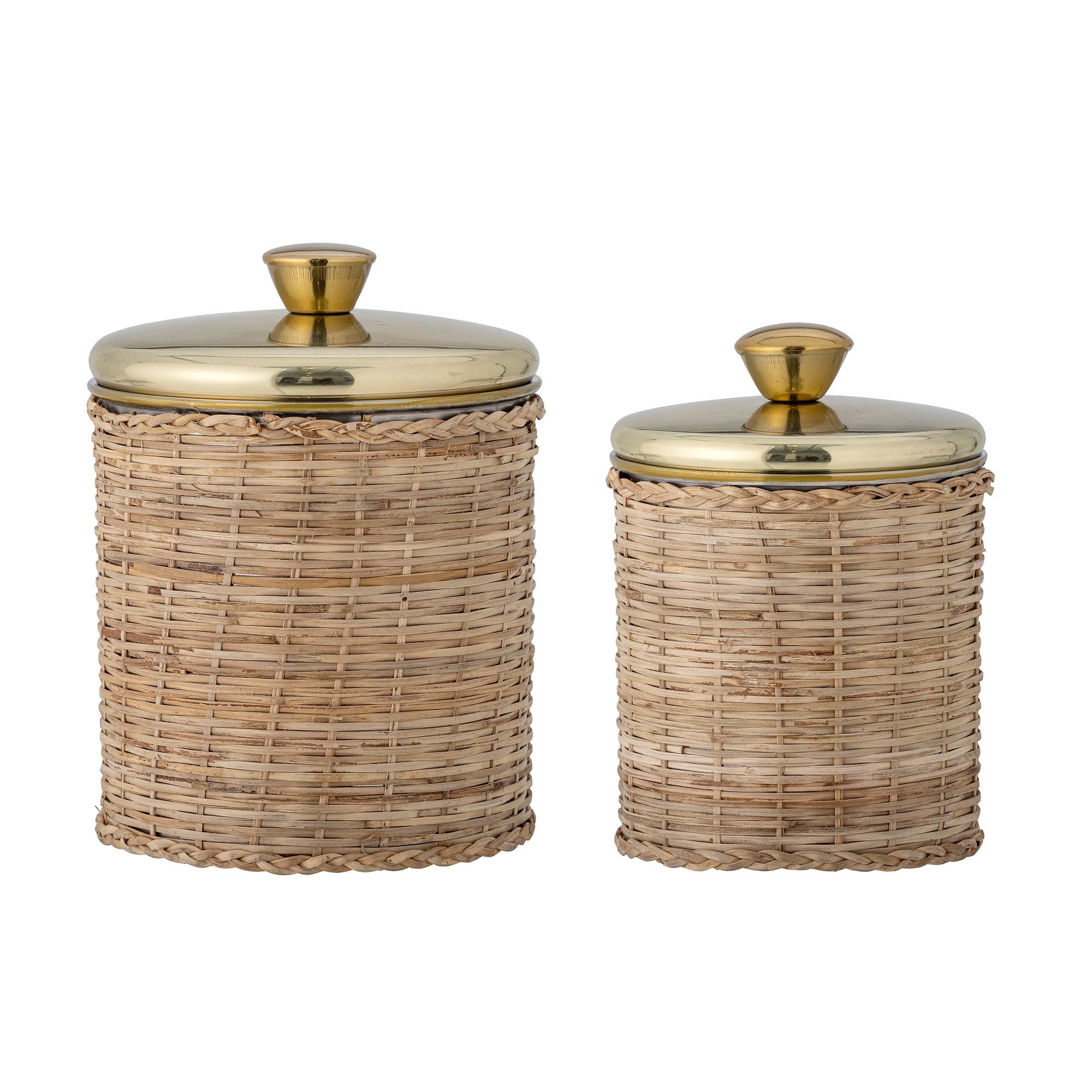 Elegante Abas Gefässe aus Rattan und Edelstahl mit Golddeckel, ideal für frische Aufbewahrung von Kaffee und Tee. Stilvoll und langlebig.