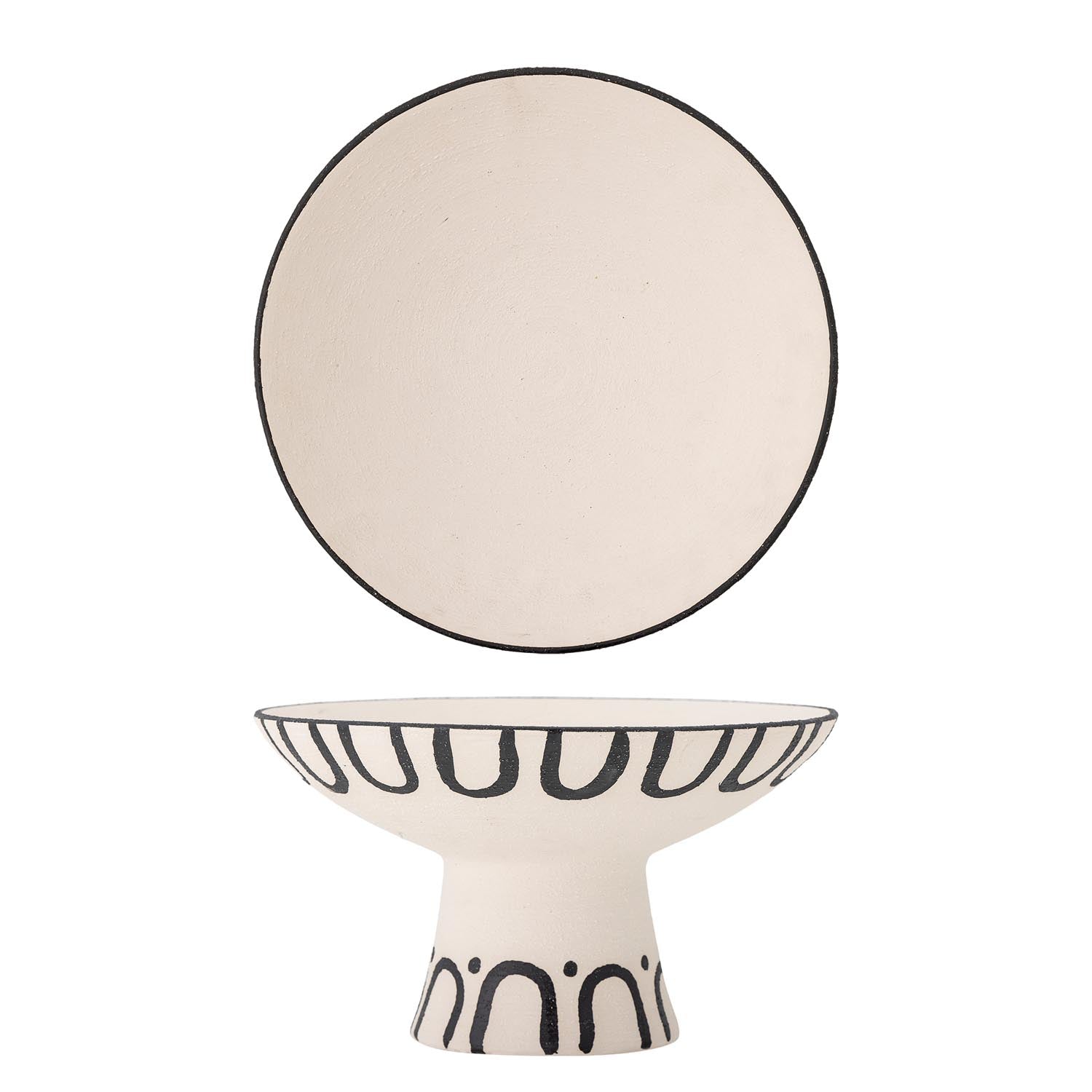 Elegante Mayotte Sockelschale aus Steingut, schwarz-weiss, handgefertigt, ideal für Deko und Präsentation.