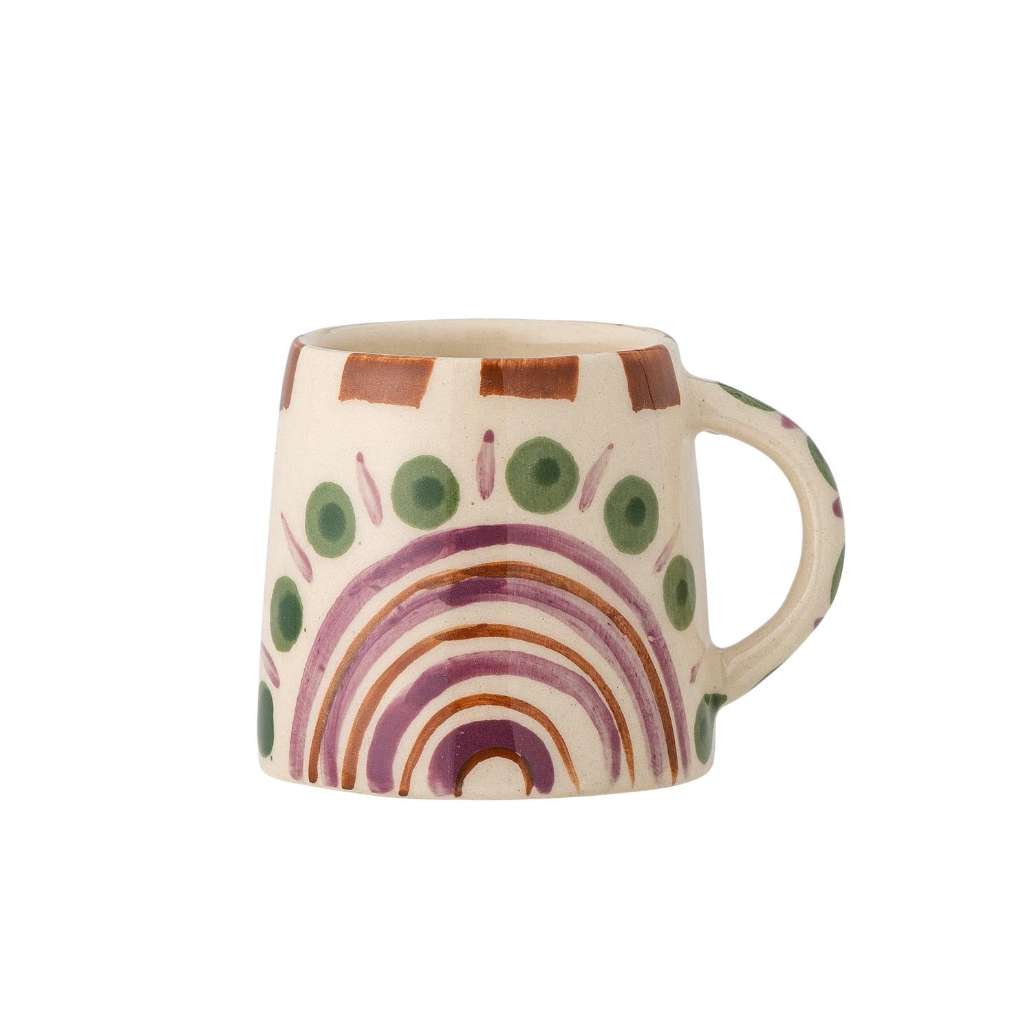 Die Shama Espressotasse von Bloomingville: Handbemaltes Steingut in Grün, Rot und Weiss, vereint skandinavisches Design mit Funktionalität.