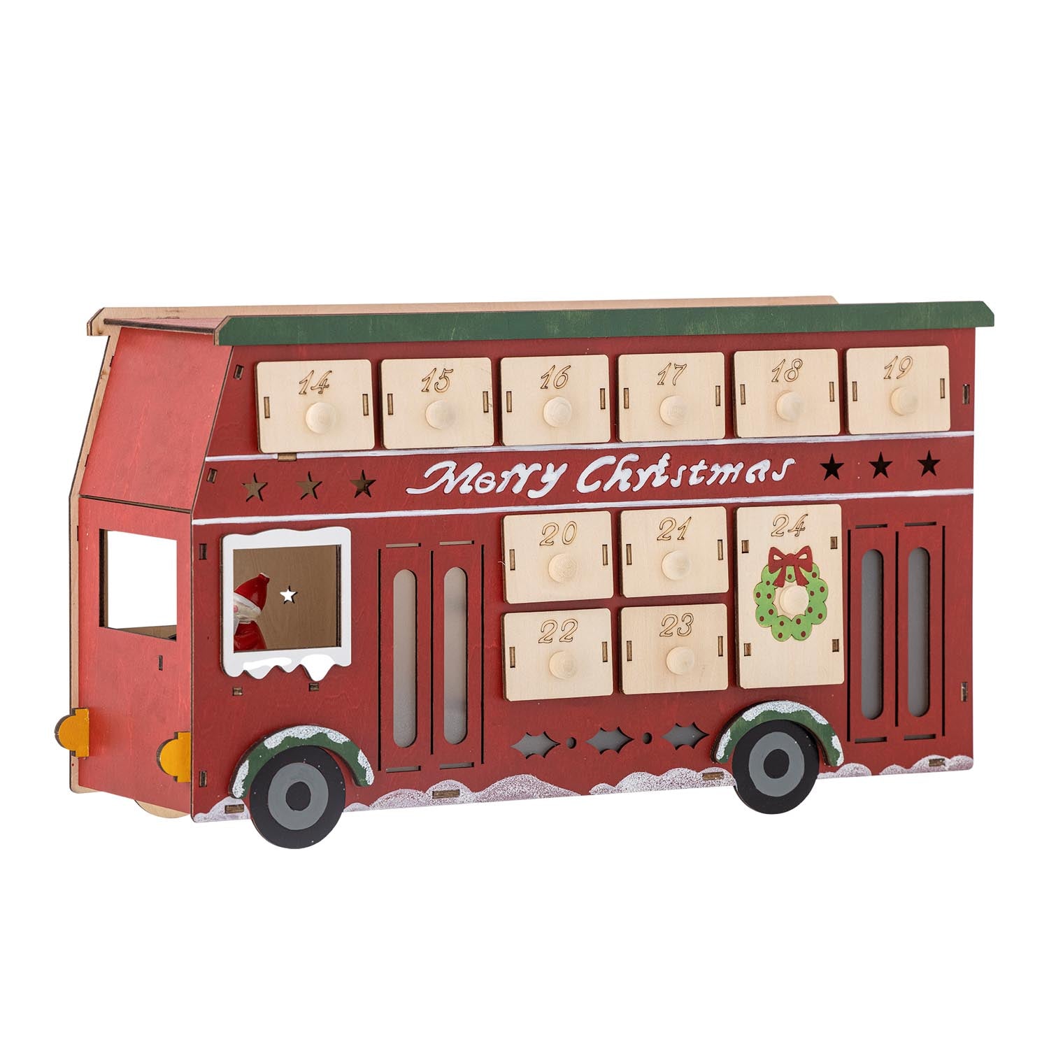 Der Edward Kalender von Bloomingville aus rotem Sperrholz mit Licht ist ein elegantes und praktisches Dekoelement für Ihr Zuhause.