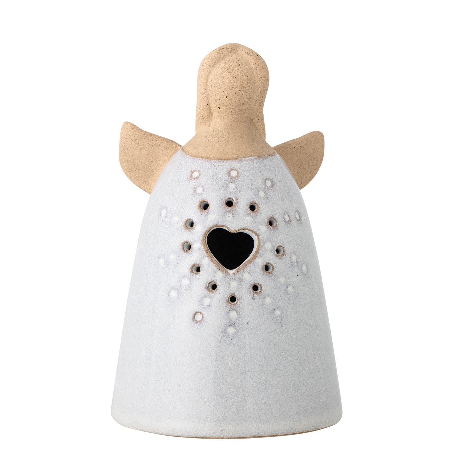 Elegante Engelsfigur aus weissem Steingut mit sanfter Beleuchtung, ideal als stilvolles Deko-Element und Geschenk.