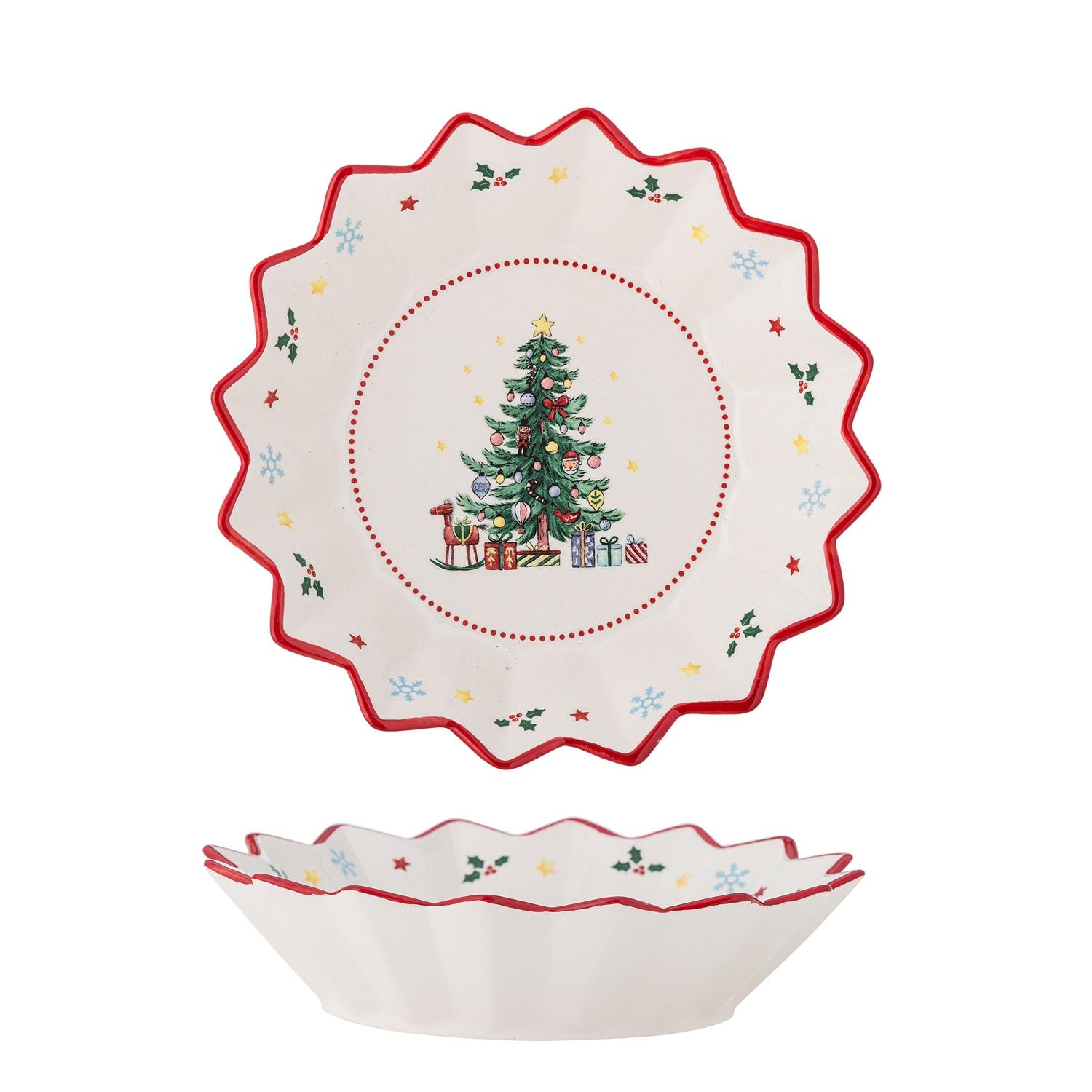 Naive Schale von Bloomingville: Handgefertigte Keramik mit rotem Rand und Weihnachtsbaum-Motiv, ideal für festliche Anlässe.