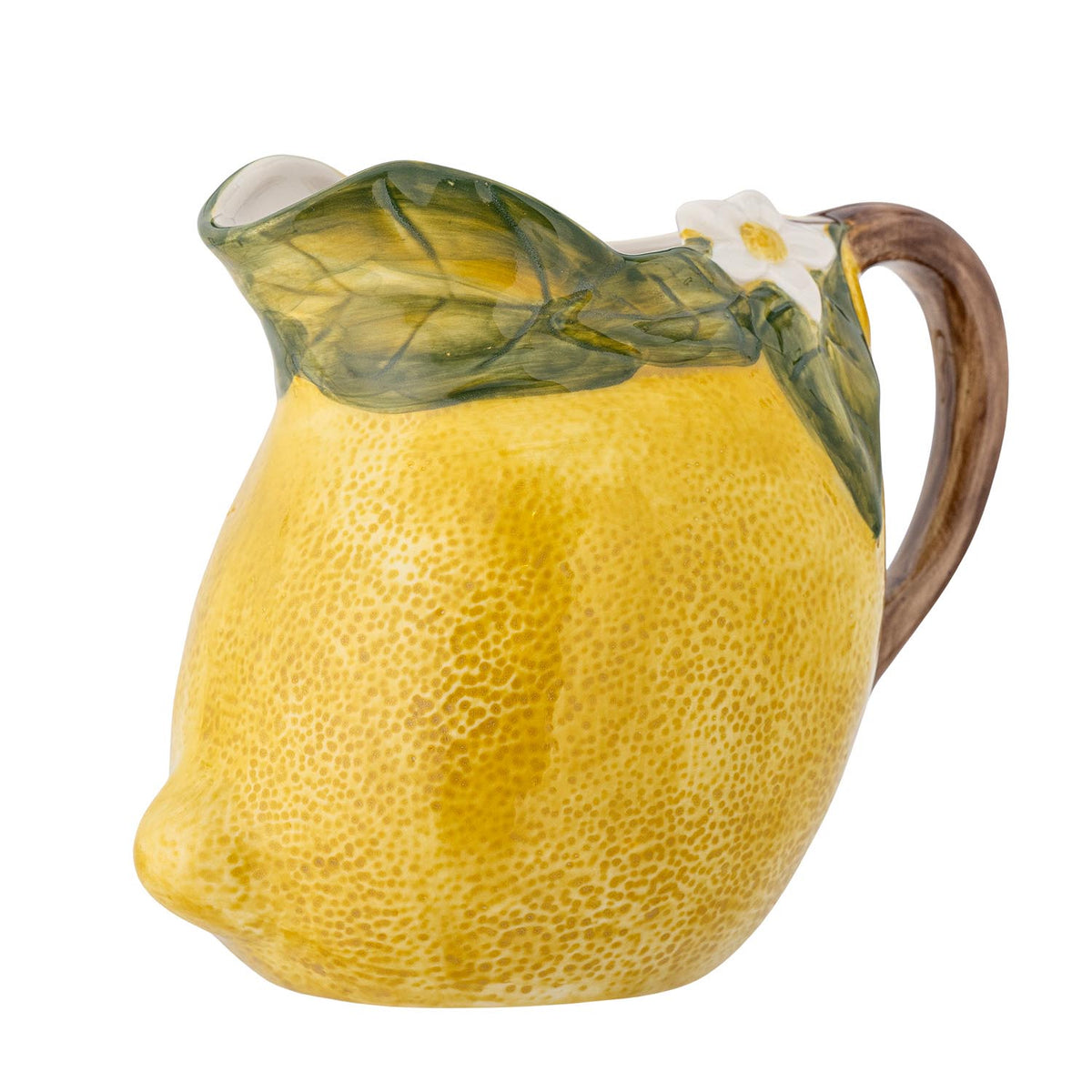 Gelber Krug aus Steingut der Serie Limone von Creative Collection, mit handdekorierter Oberfläche und leicht gewölbter Kannenform.