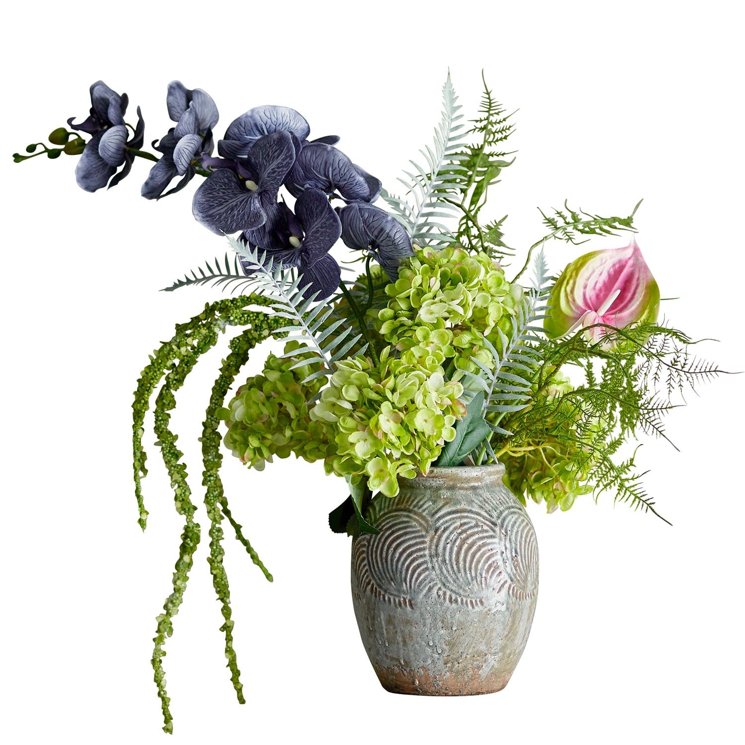 Ein eleganter künstlicher Blumenstrauss in Grün von Bloomingville, ideal für stilvolle Dekorationen und langlebige Schönheit.