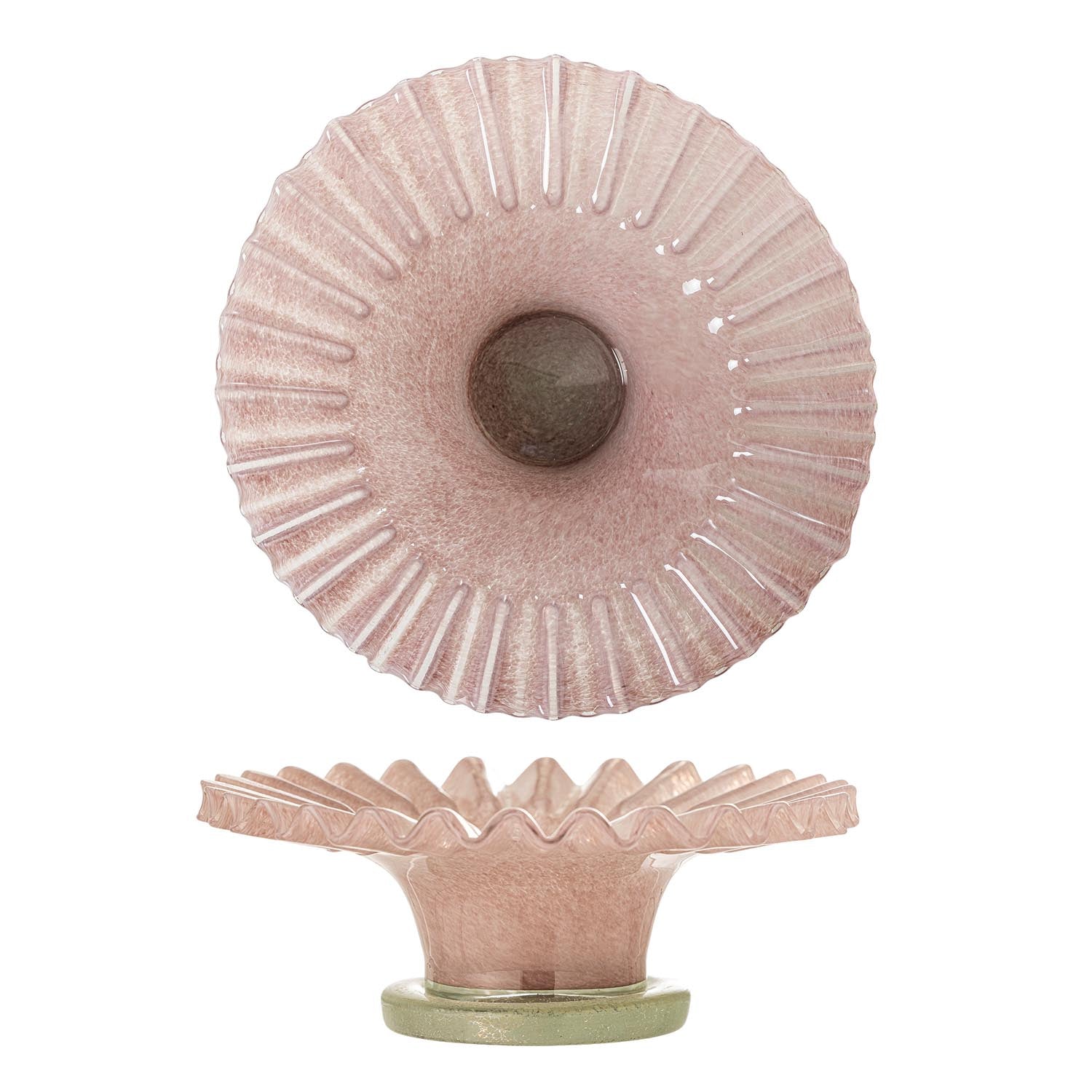 Exquisite Garnet Schale aus rosa Glas mit grünem Fuss, handgefertigt, Vintage-Look, ideal für Schmuck und Accessoires.