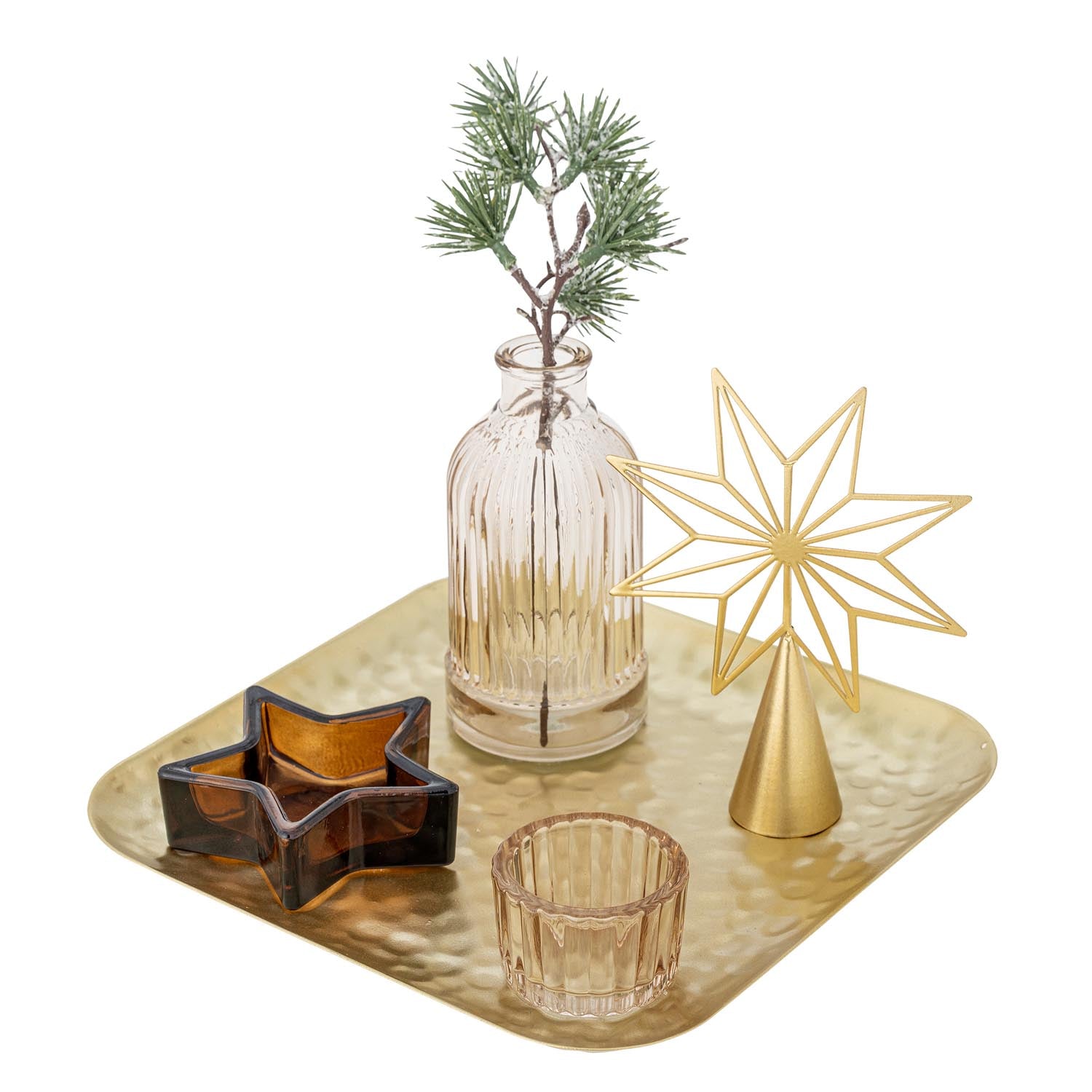 Das Sanga Tablett von Bloomingville vereint elegantes Gold mit Glas-Teelichthaltern, ideal für eine stilvolle und gemütliche Atmosphäre.