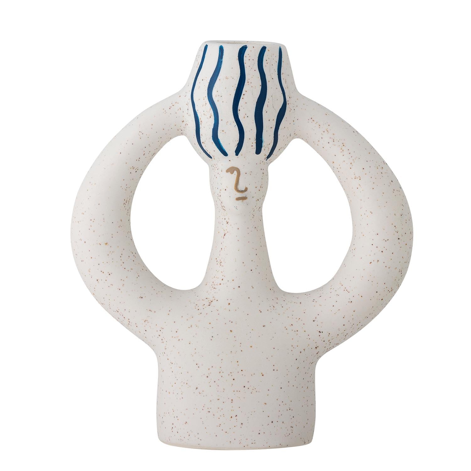 Der Hatty Kerzenhalter von Bloomingville vereint skandinavisches Design mit handbemalten blauen Streifen auf robustem Steingut.