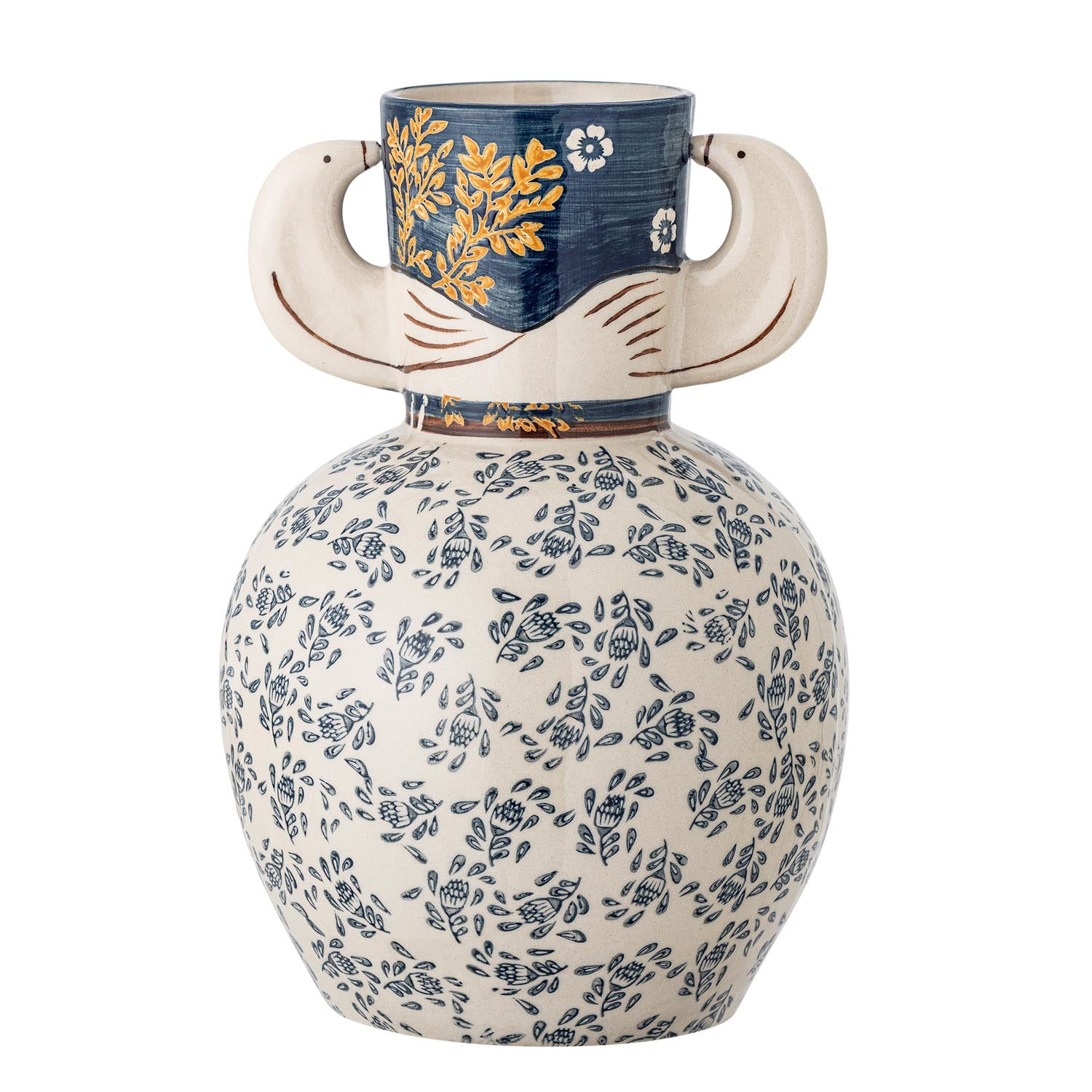 Die Hezha Vase von Bloomingville, gefertigt aus blauem Steingut, besticht durch ihr elegantes Design und hochwertige Verarbeitung.