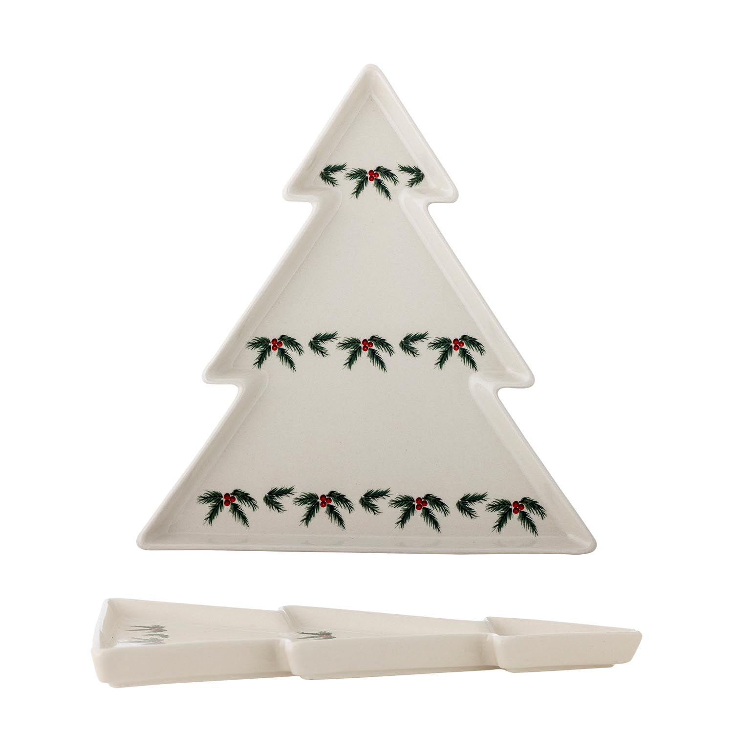Elegante Steingut-Servierplatte in Weihnachtsbaumform mit festlichem Motiv, ideal für stilvolle Speisenpräsentation.