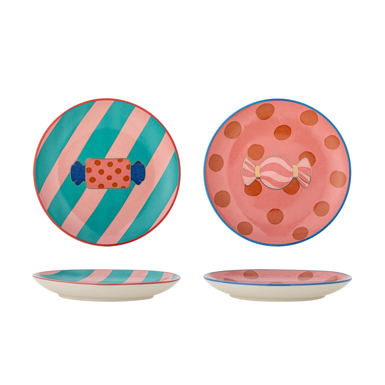 Caramella Teller von Bloomingville: Zarter Rosaton, handbemalte Bonbon-Motive, robustes Steingut, einzigartig und spülmaschinenfest.