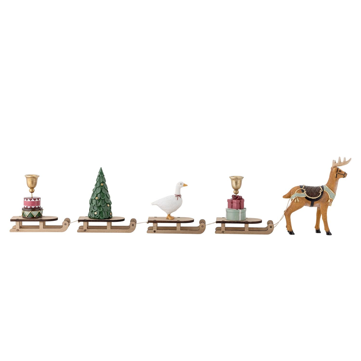 Grüne Dasher Deko aus Polyresin: Detailreiche, handbemalte Weihnachtskunst mit Kerzenhaltern, langlebig und einzigartig.