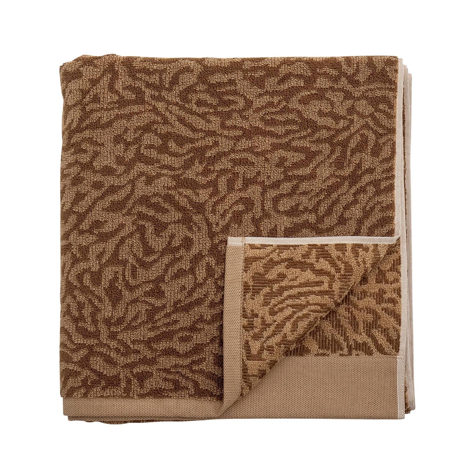 Elegantes Kaysa Handtuch in warmem Braun, gefertigt aus 100% Baumwolle. Ideal für Badezimmer und Küche, vereint Stil und Funktionalität.