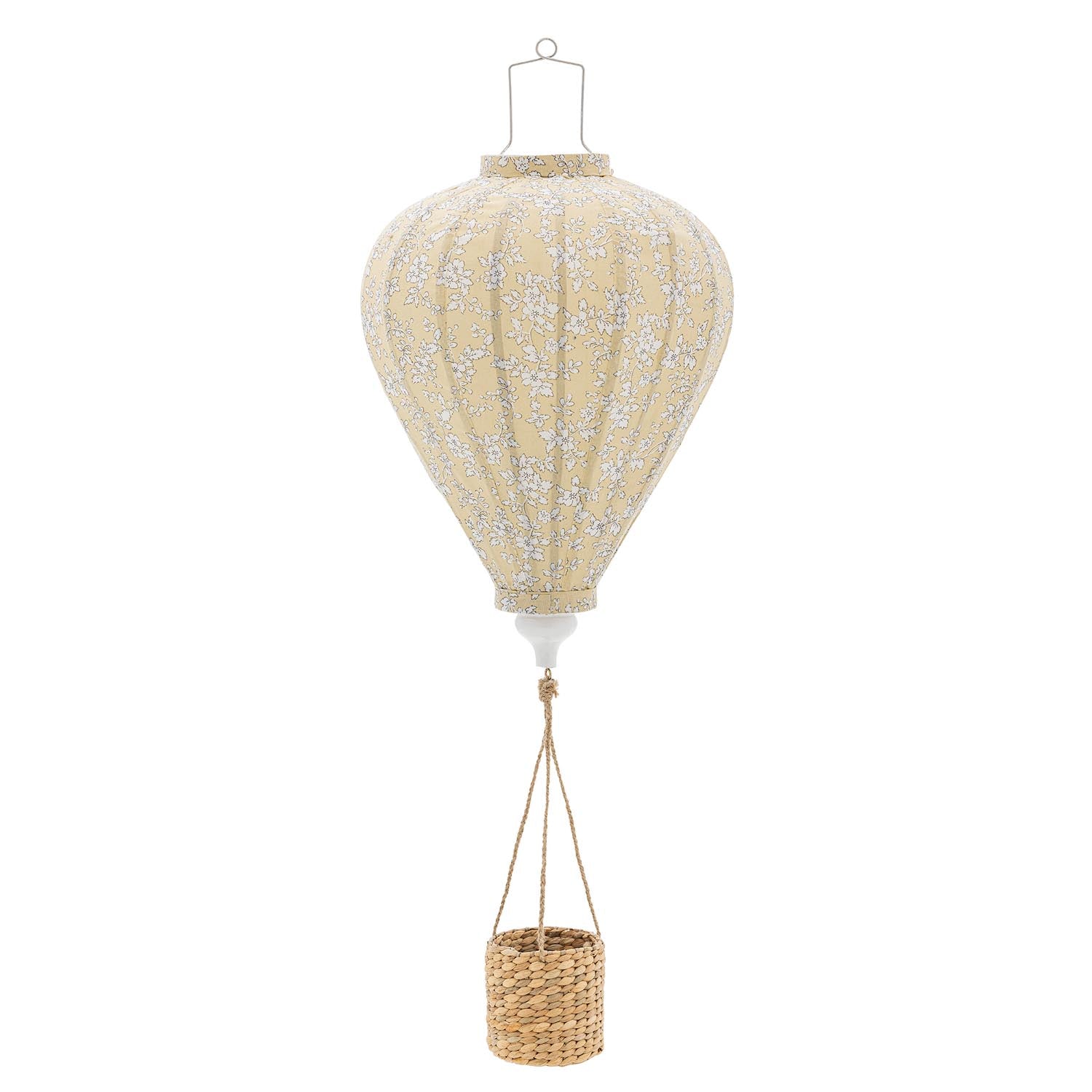 Zauberhaftes Pomp Mobile in Gelb mit Blumenmuster, Heissluftballon-Design, geflochtenem Korb und integrierter Lichterkette.