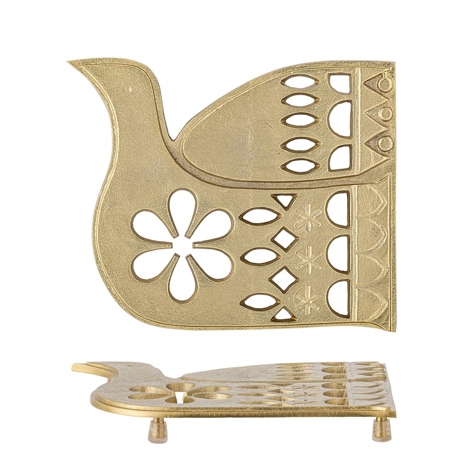 Lonela Untersetzer von Bloomingville: Elegante Vogelform aus goldfarbenem Aluminium, schützt stilvoll vor Hitze und Kratzern.