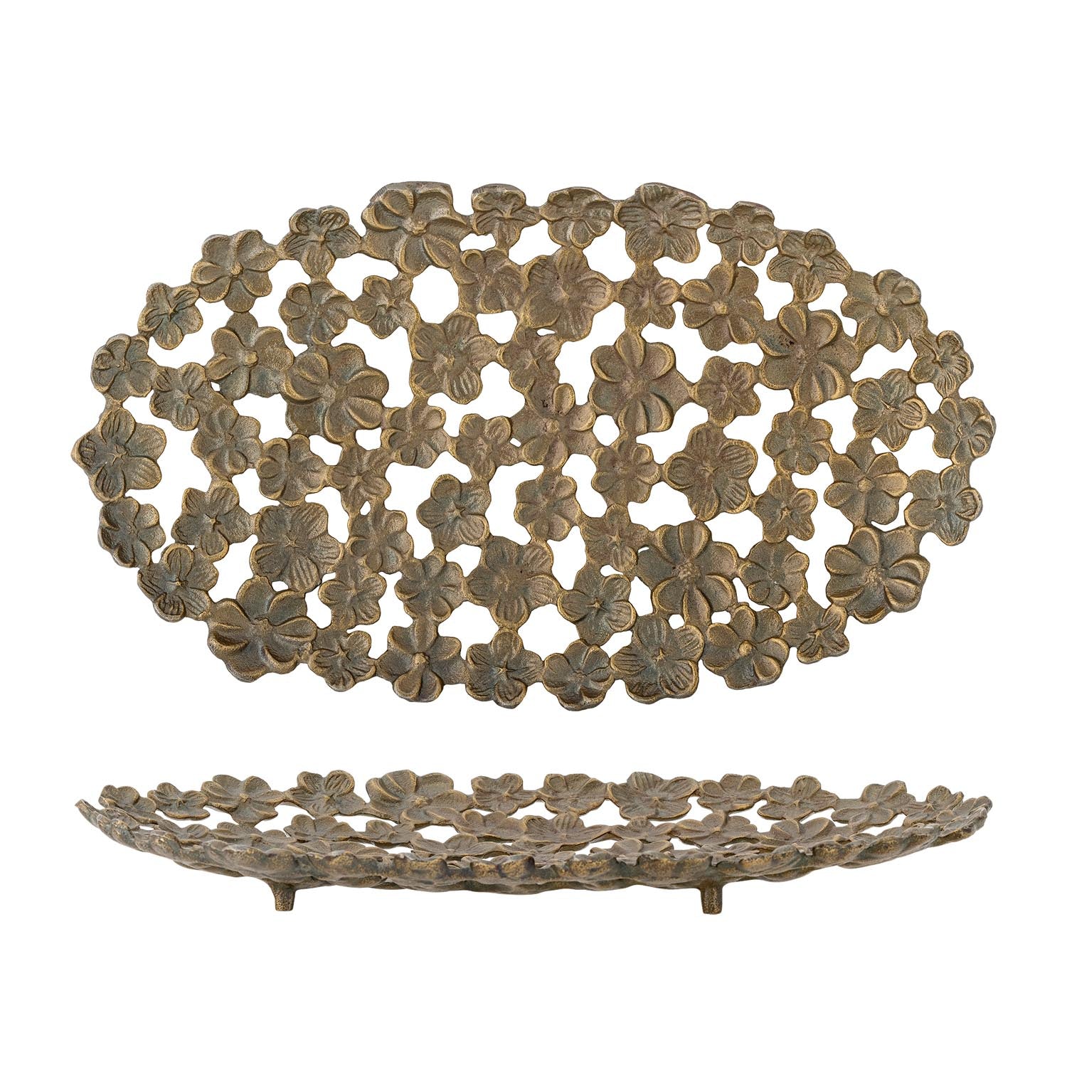 Elegantes, goldenes Aluminiumtablett mit filigranem Blumenmuster. Ideal als Deko- oder Serviertablett. Zeitlose Eleganz für Ihr Zuhause.