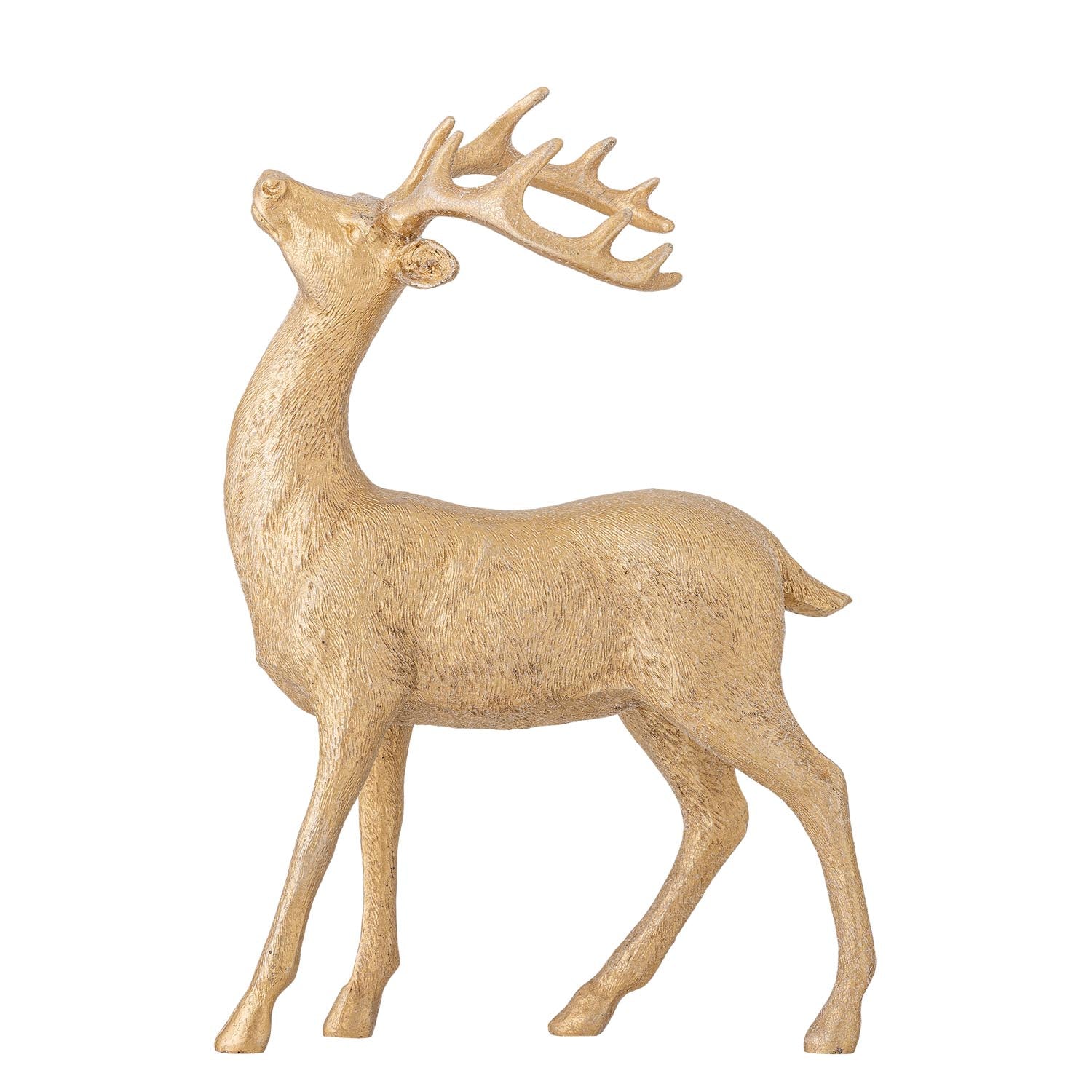 Elegante Hirschfigur aus Polyresin mit goldener Oberfläche, symbolisiert Anmut und Stärke, ideal für festliche Dekorationen.